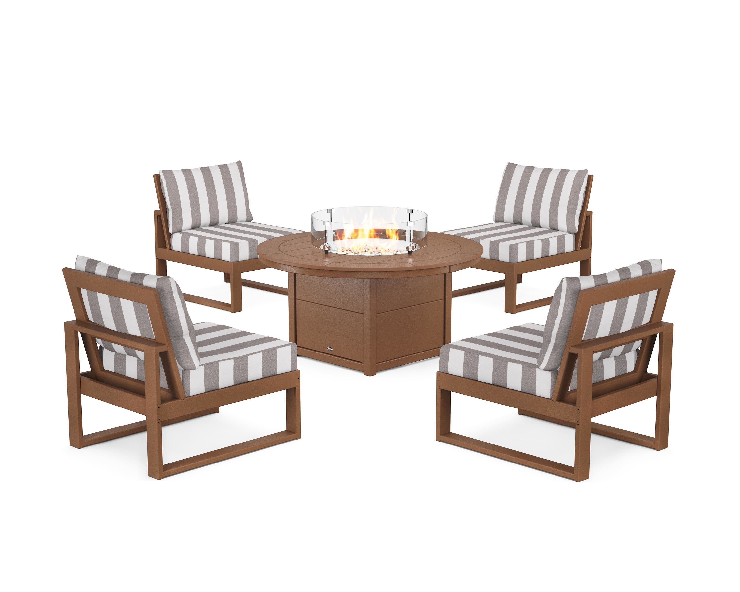 Eastport Modular 5-Piece Deep Seating Set with Round Fire Pit Table in Tree House / Cabana Stripe Grey Mist