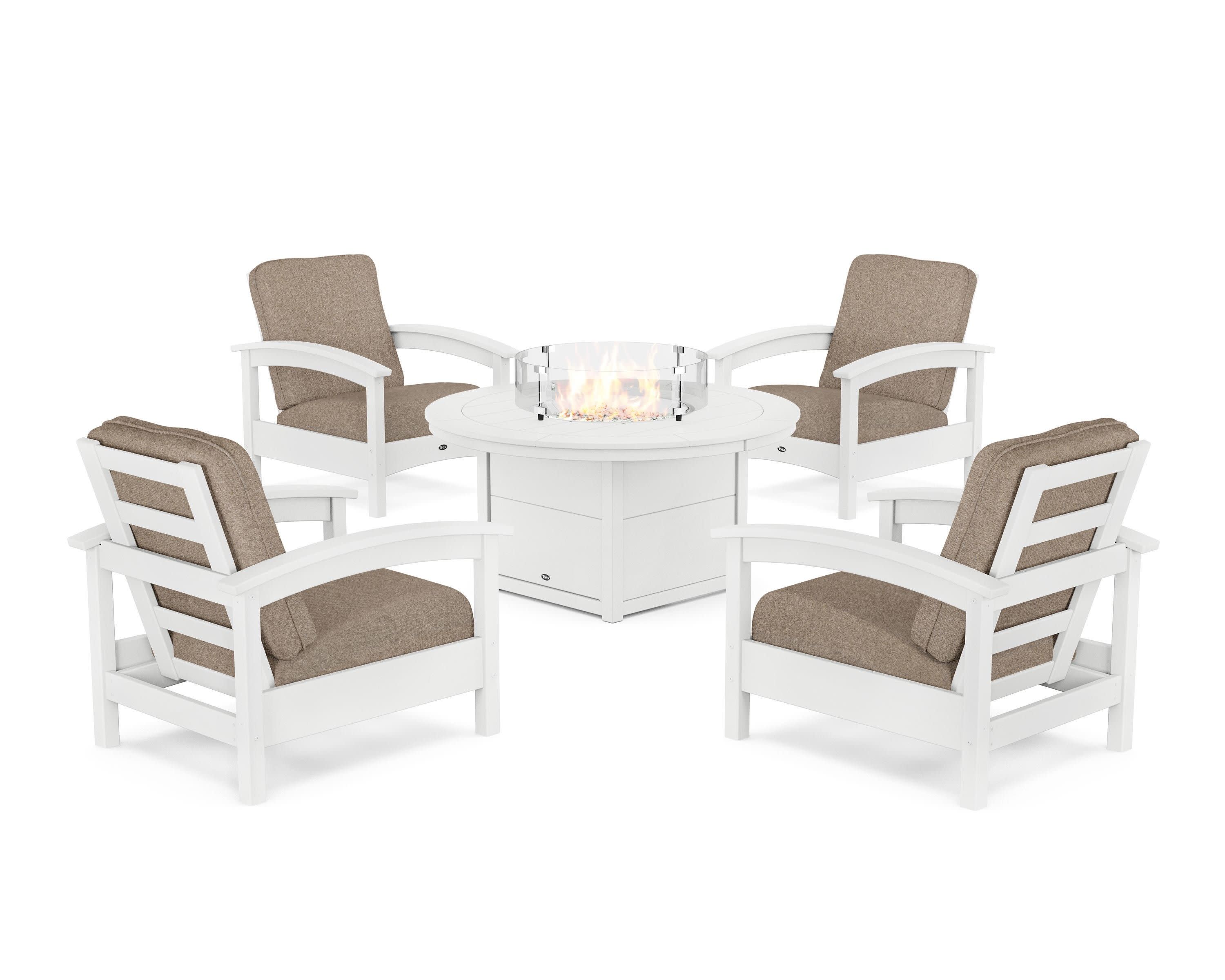 Rockport 5-Piece Deep Seating Set with Round Fire Pit Table in Classic White / Spiced Burlap