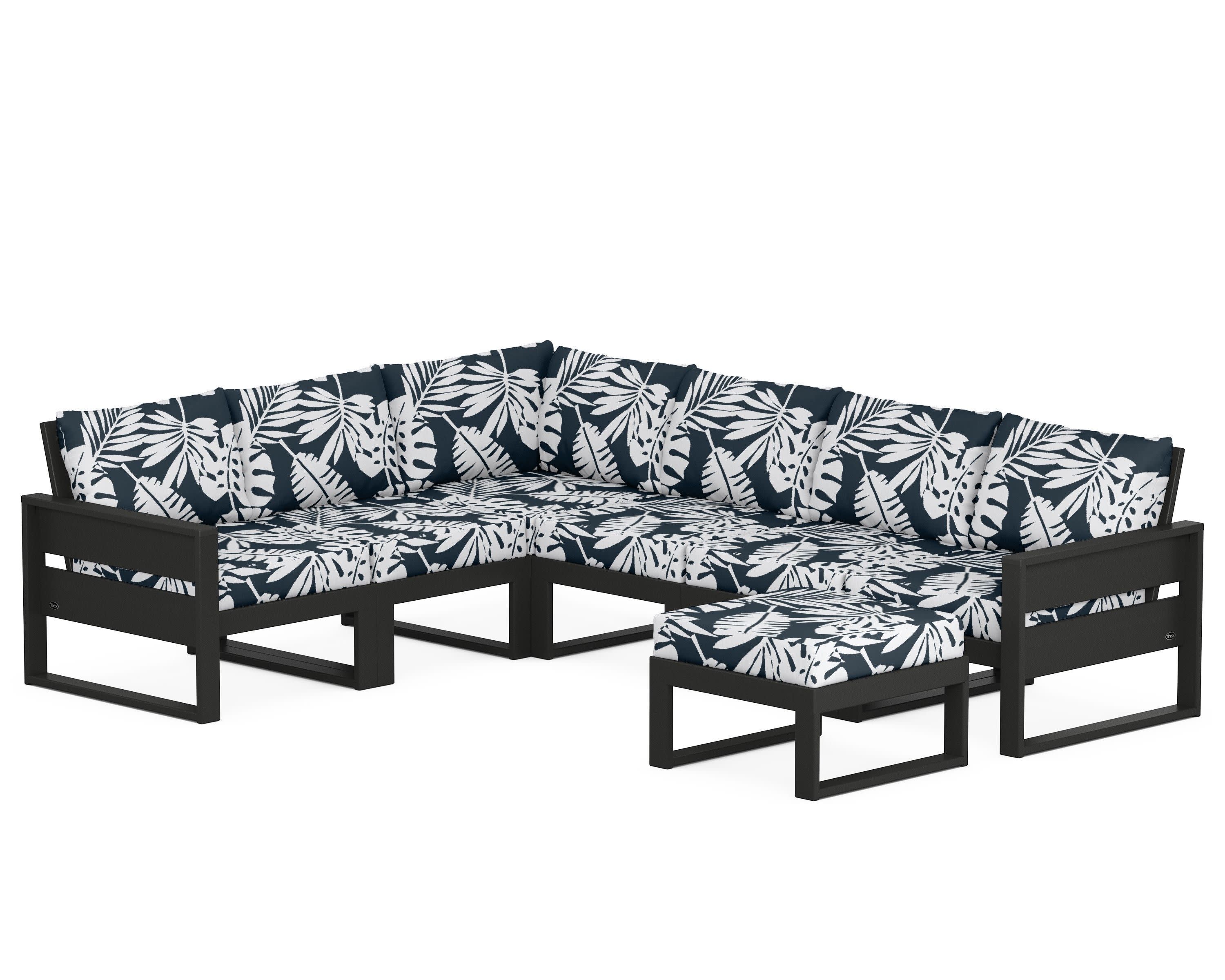 Eastport 6-Piece Sectional with Ottoman in Charcoal Black / Leaf Marine Indigo