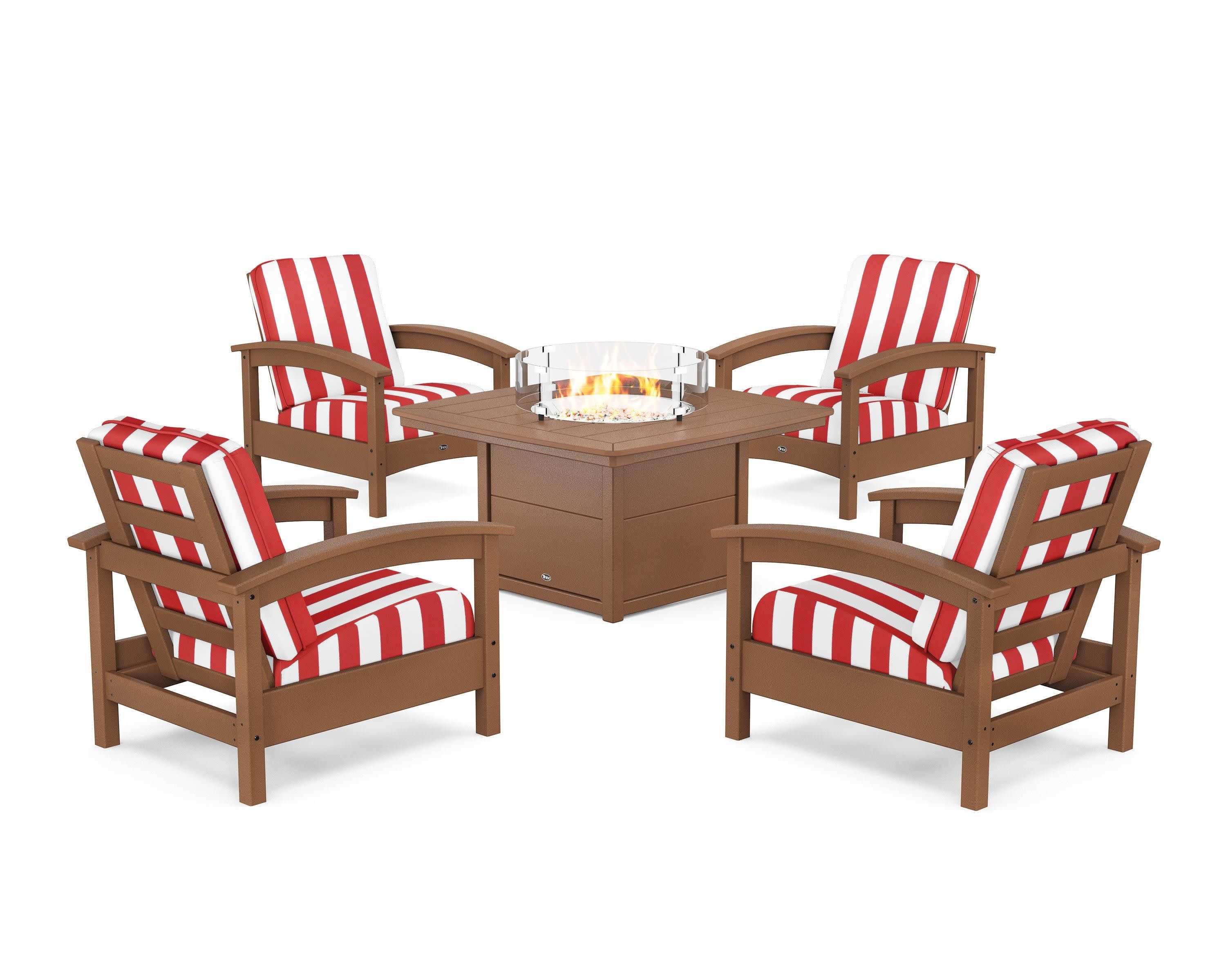 Rockport 5-Piece Deep Seating Set with Yacht Club Fire Pit Table in Tree House / Cabana Stripe Crimson