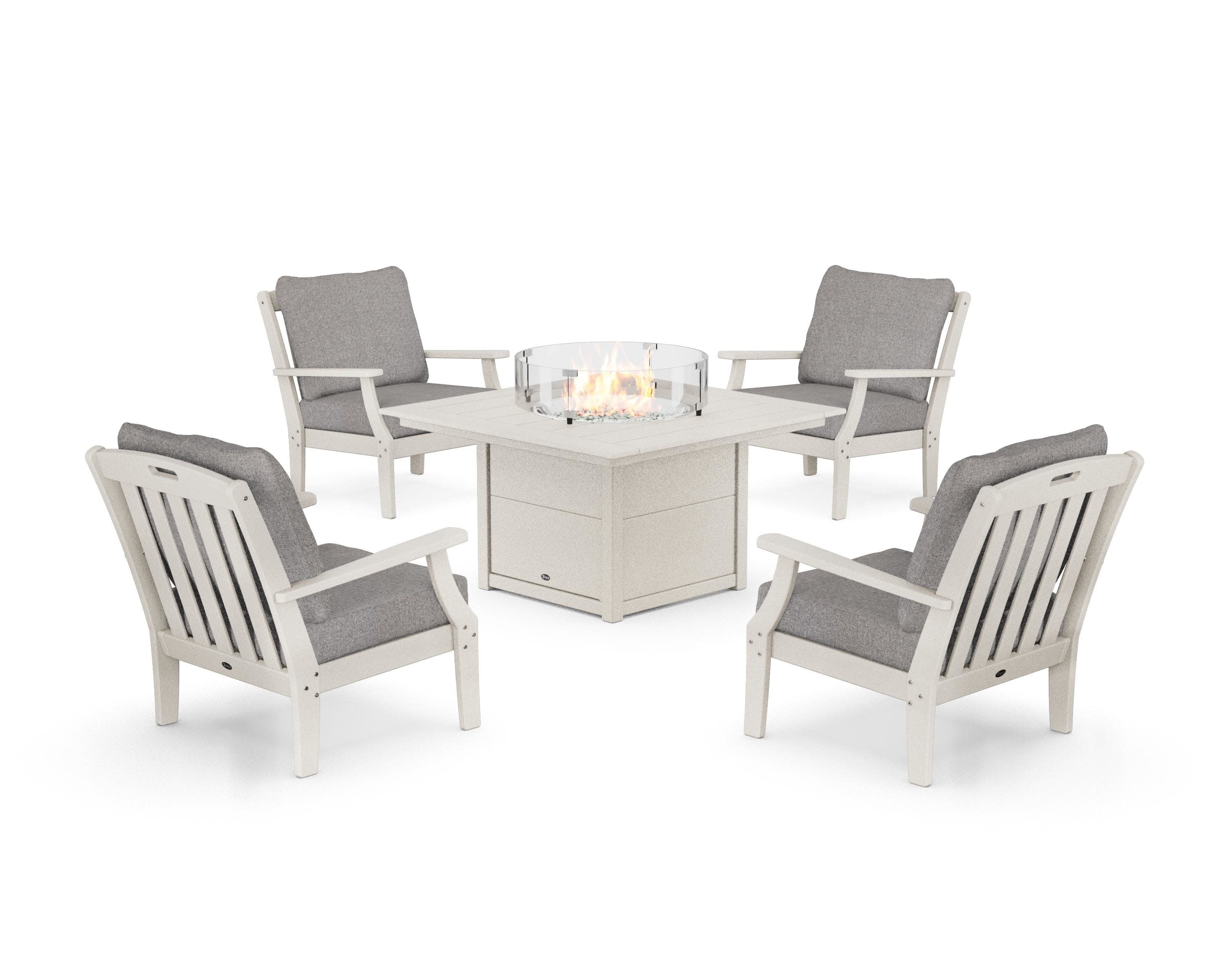 Yacht Club 5-Piece Deep Seating Set with Square Fire Pit Table in Sand Castle / Grey Mist