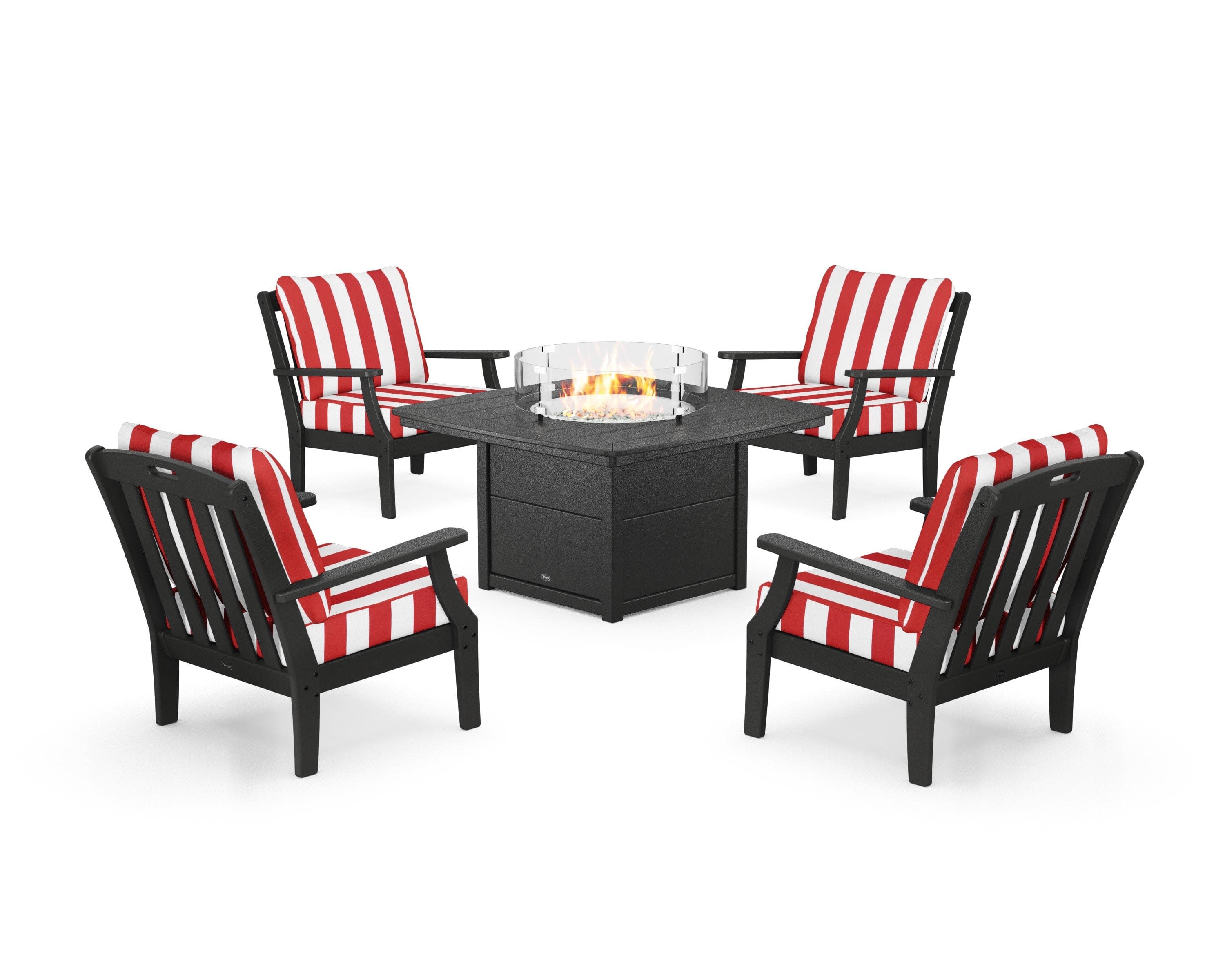 Yacht Club 5-Piece Deep Seating Set with Fire Pit Table in Charcoal Black / Cabana Stripe Crimson