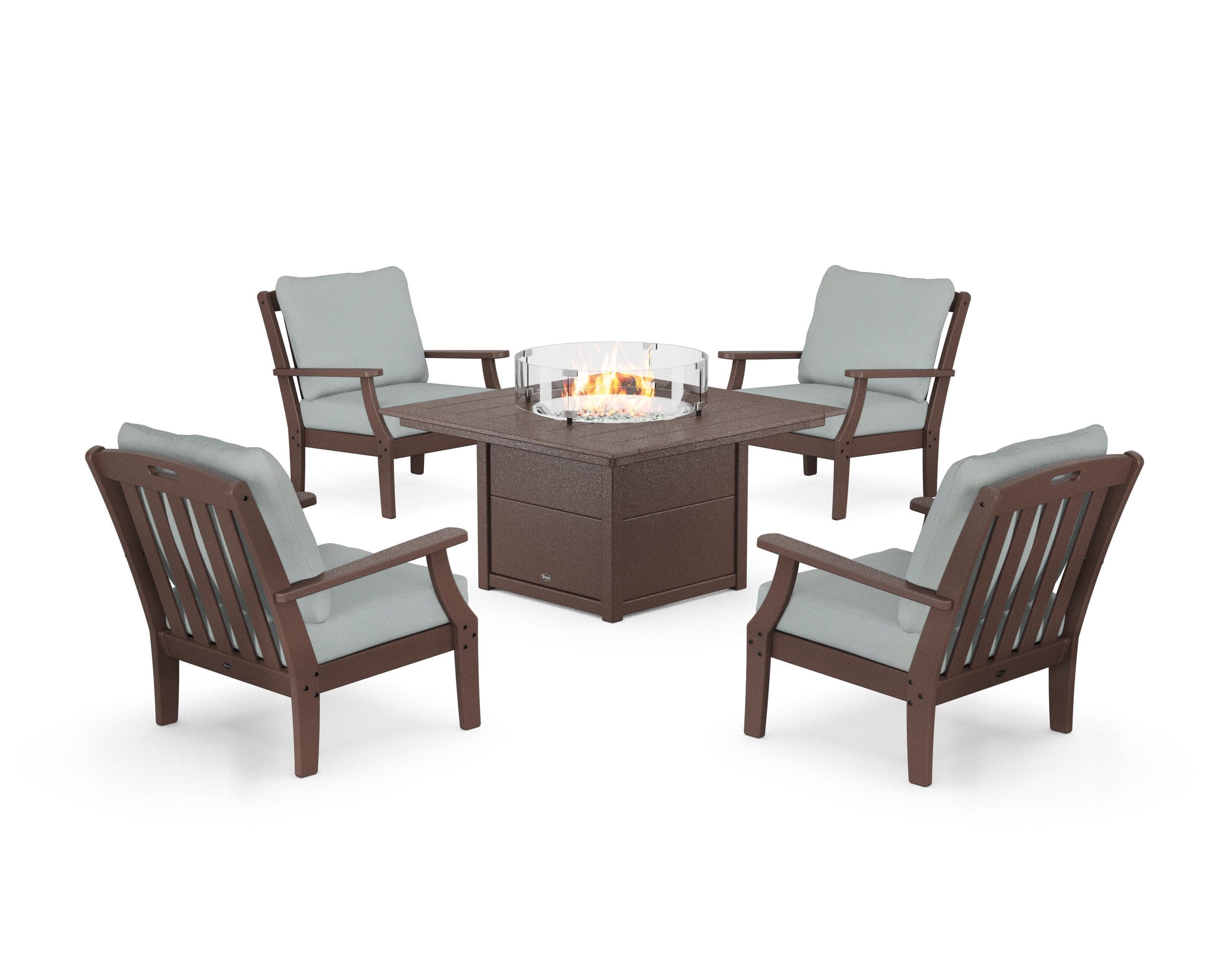 Yacht Club 5-Piece Deep Seating Set with Square Fire Pit Table in Vintage Lantern / Spa