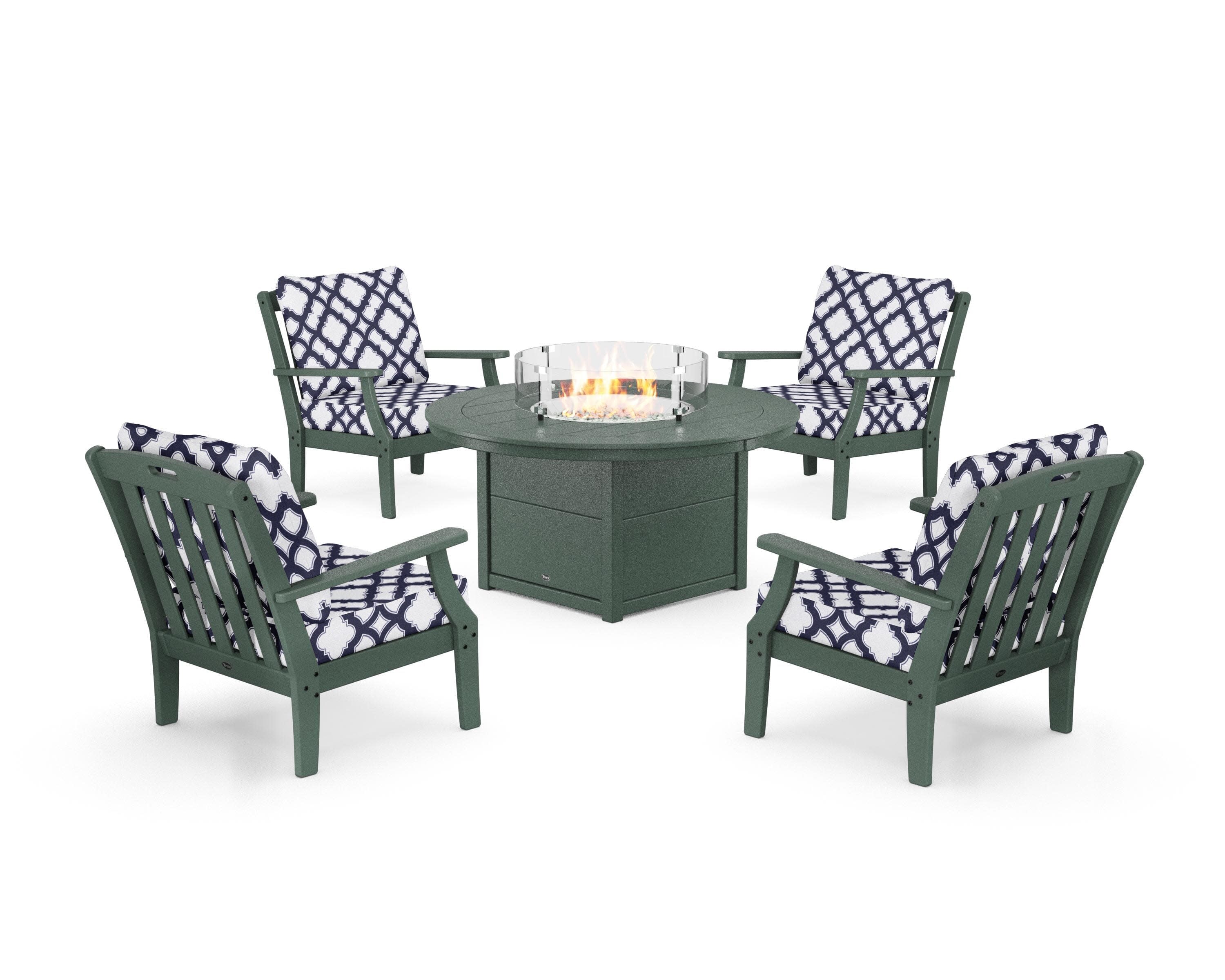 Yacht Club 5-Piece Deep Seating Set with Round Fire Pit Table in Rainforest Canopy / Trellis Navy
