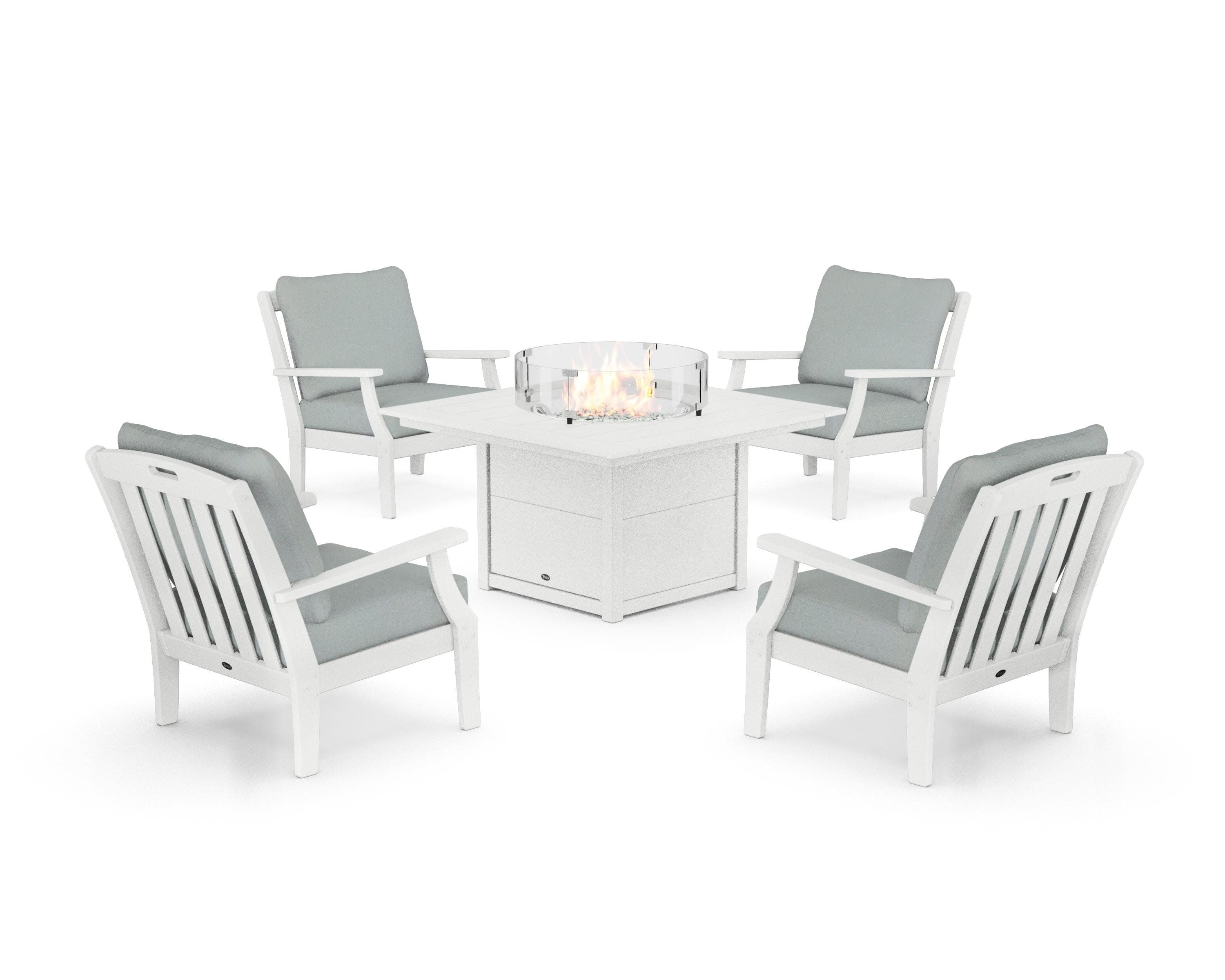 Yacht Club 5-Piece Deep Seating Set with Square Fire Pit Table in Classic White / Spa