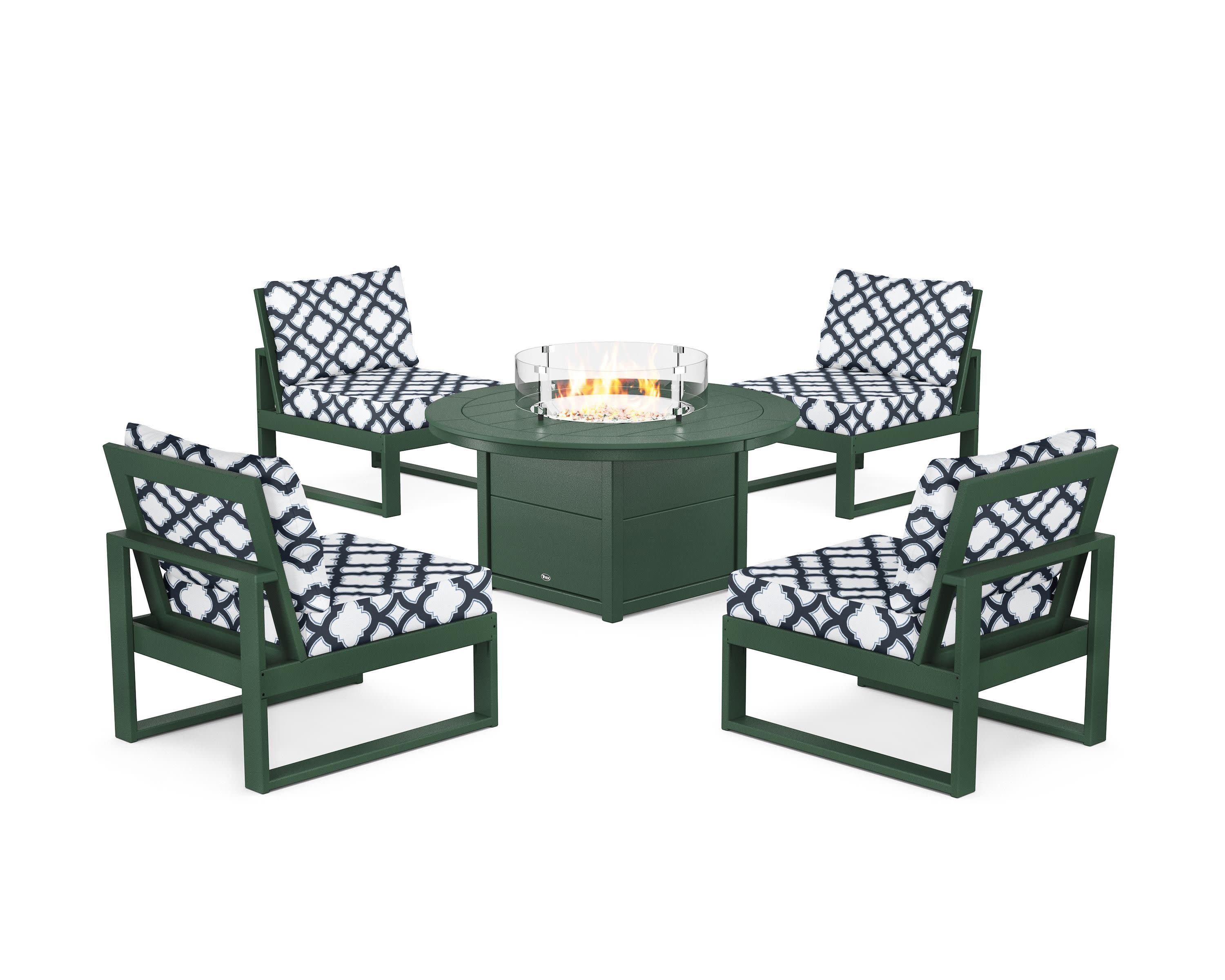 Eastport Modular 5-Piece Deep Seating Set with Round Fire Pit Table in Rainforest Canopy / Trellis Marine Indigo