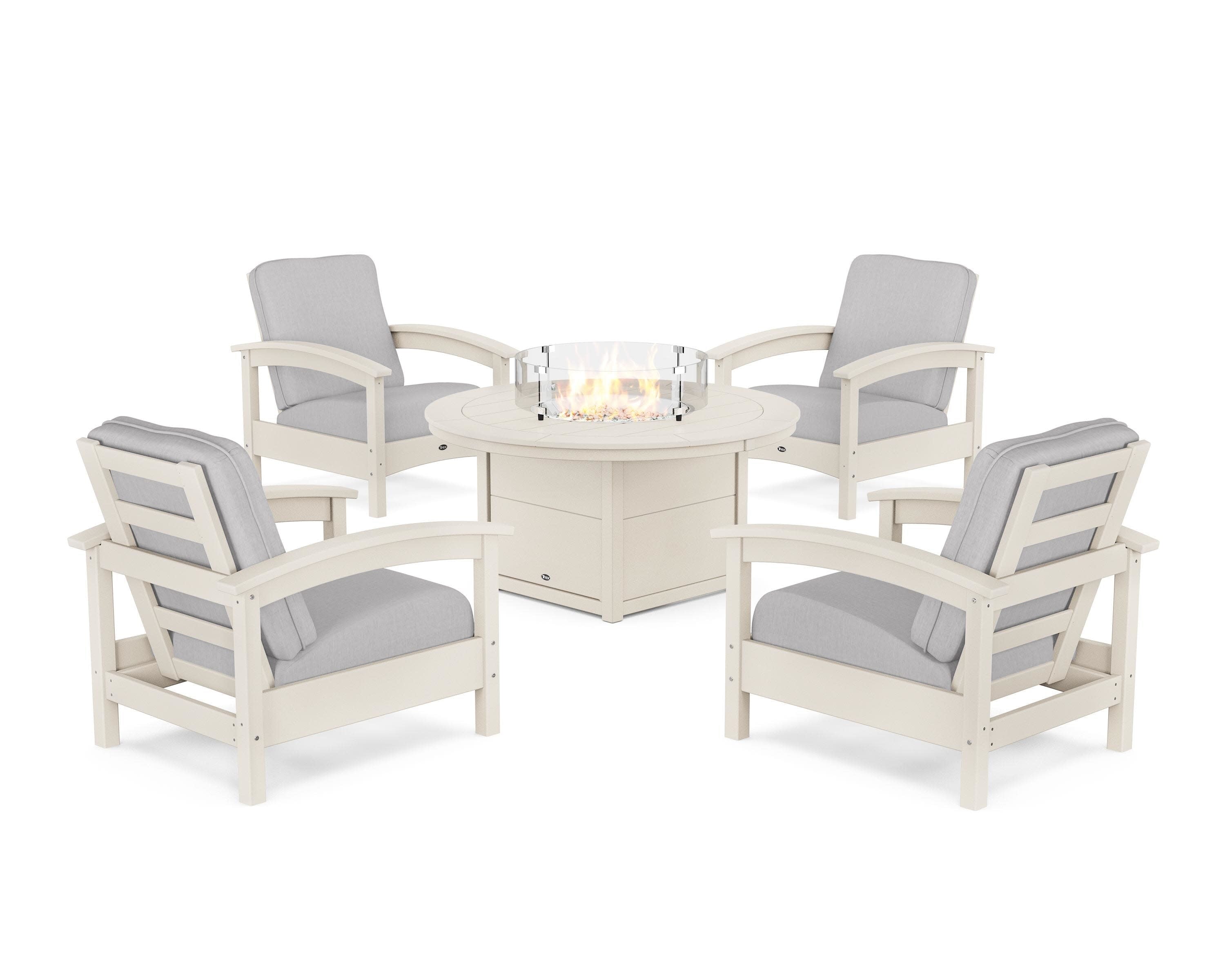 Rockport 5-Piece Deep Seating Set with Round Fire Pit Table in Sand Castle / Granite