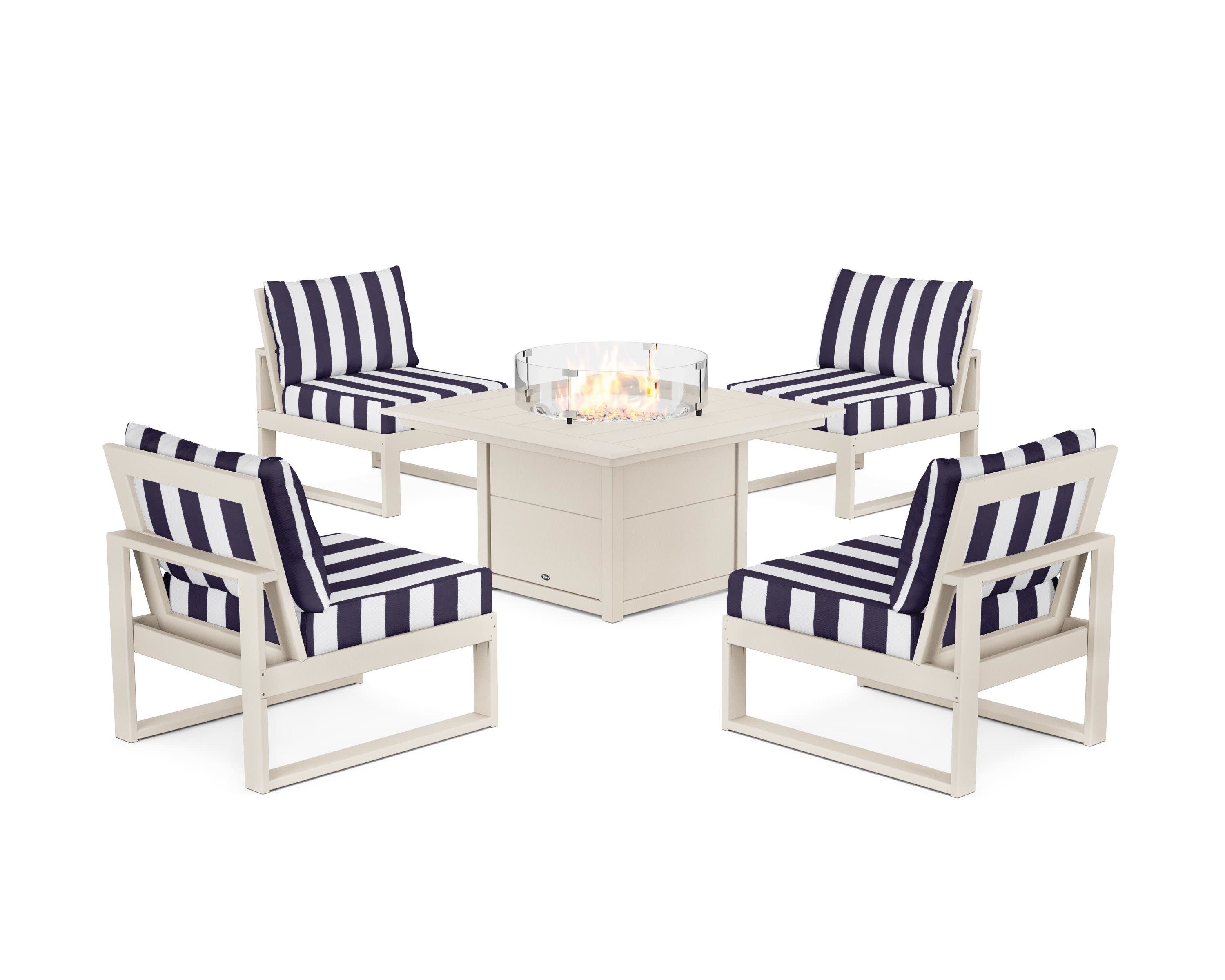 Eastport Modular 5-Piece Deep Seating Set with Square Fire Pit Table in Sand Castle / Cabana Stripe Navy