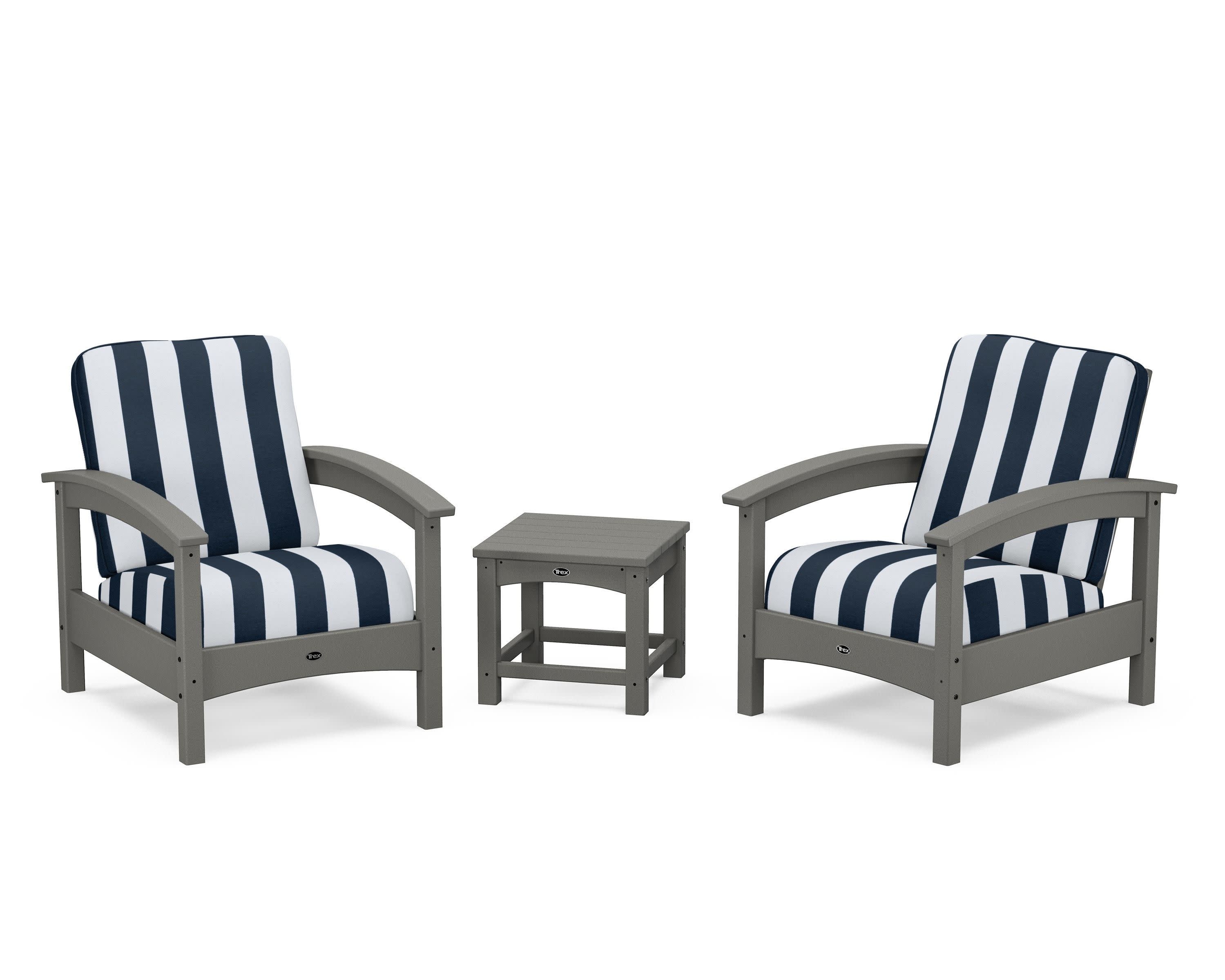 Rockport Club 3-Piece Deep Seating Conversation Set in Stepping Stone / Cabana Stripe Marine Indigo