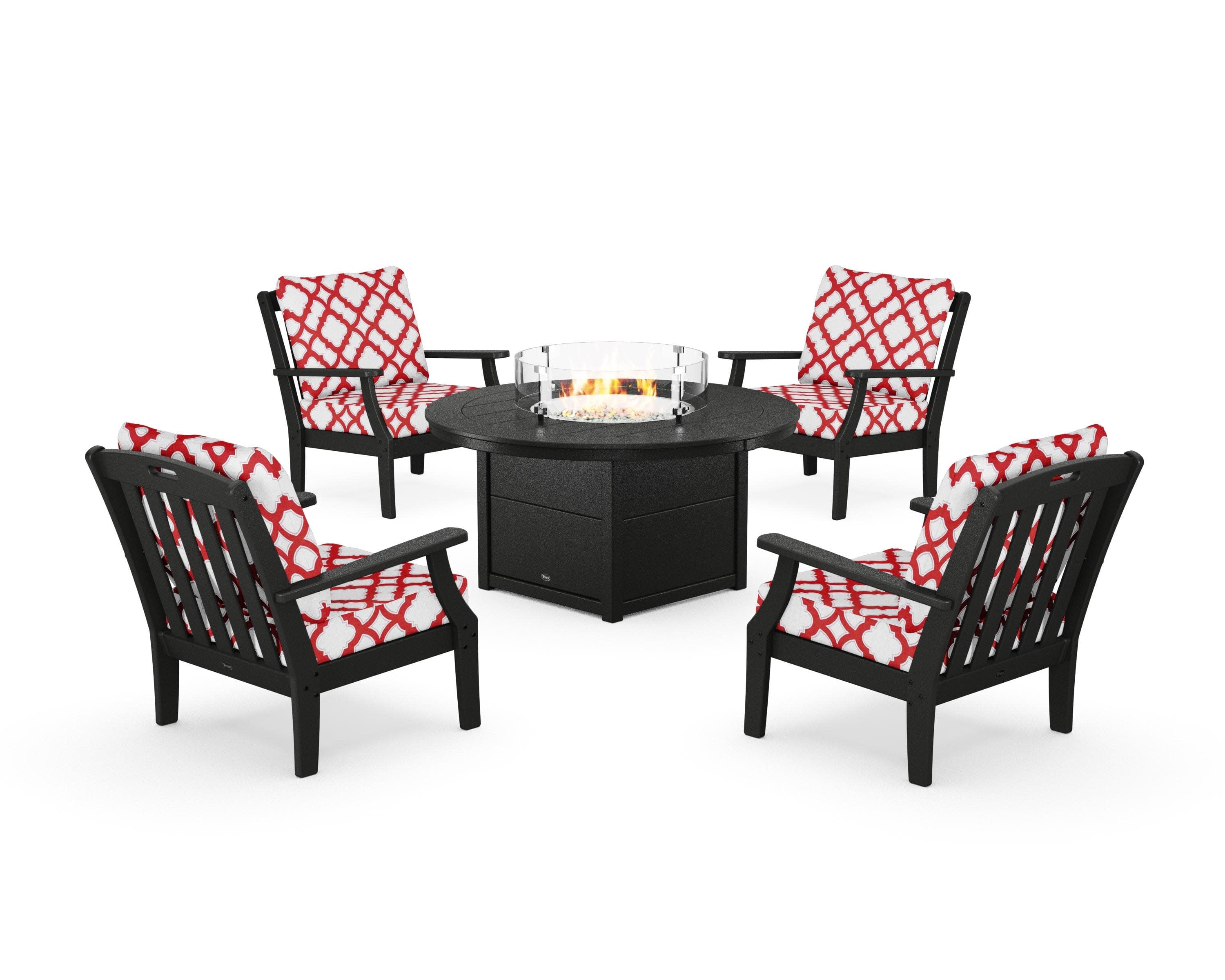 Yacht Club 5-Piece Deep Seating Set with Round Fire Pit Table in Charcoal Black / Trellis Crimson