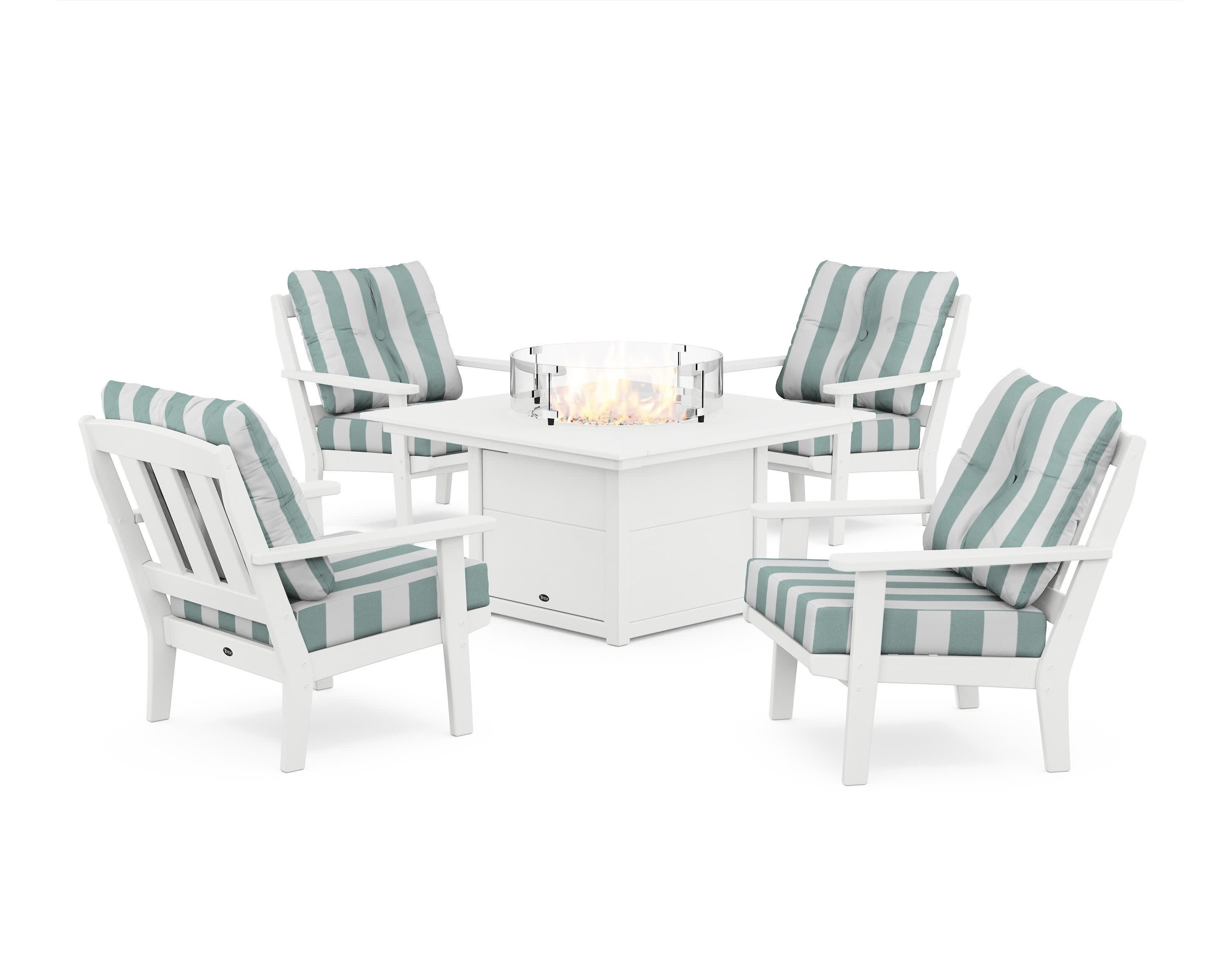 Cape Cod 5-Piece Deep Seating Set with Fire Pit Table in Classic White / Cabana Stripe Glacier Spa