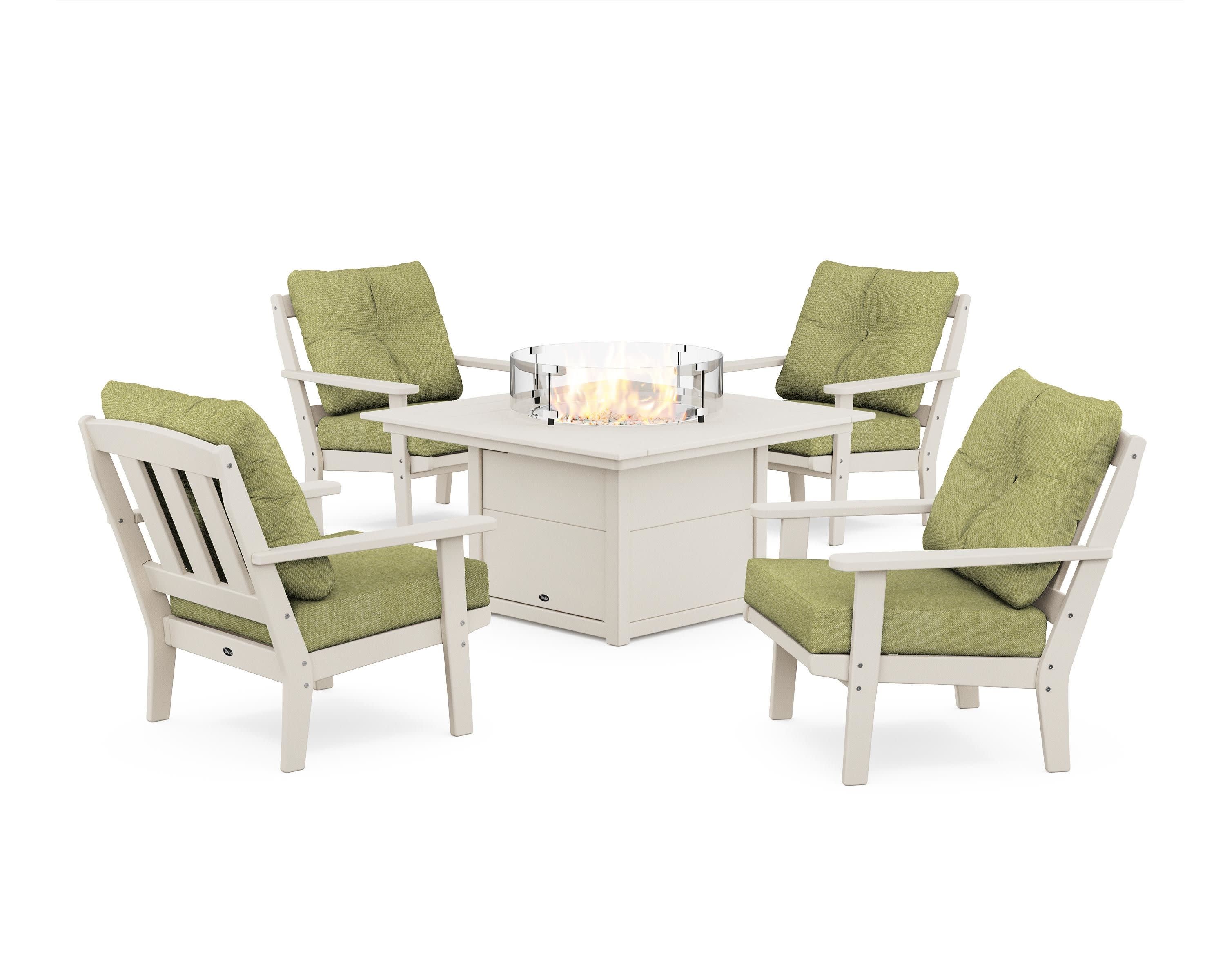 Cape Cod 5-Piece Deep Seating Set with Fire Pit Table in Sand Castle / Chartreuse Boucle