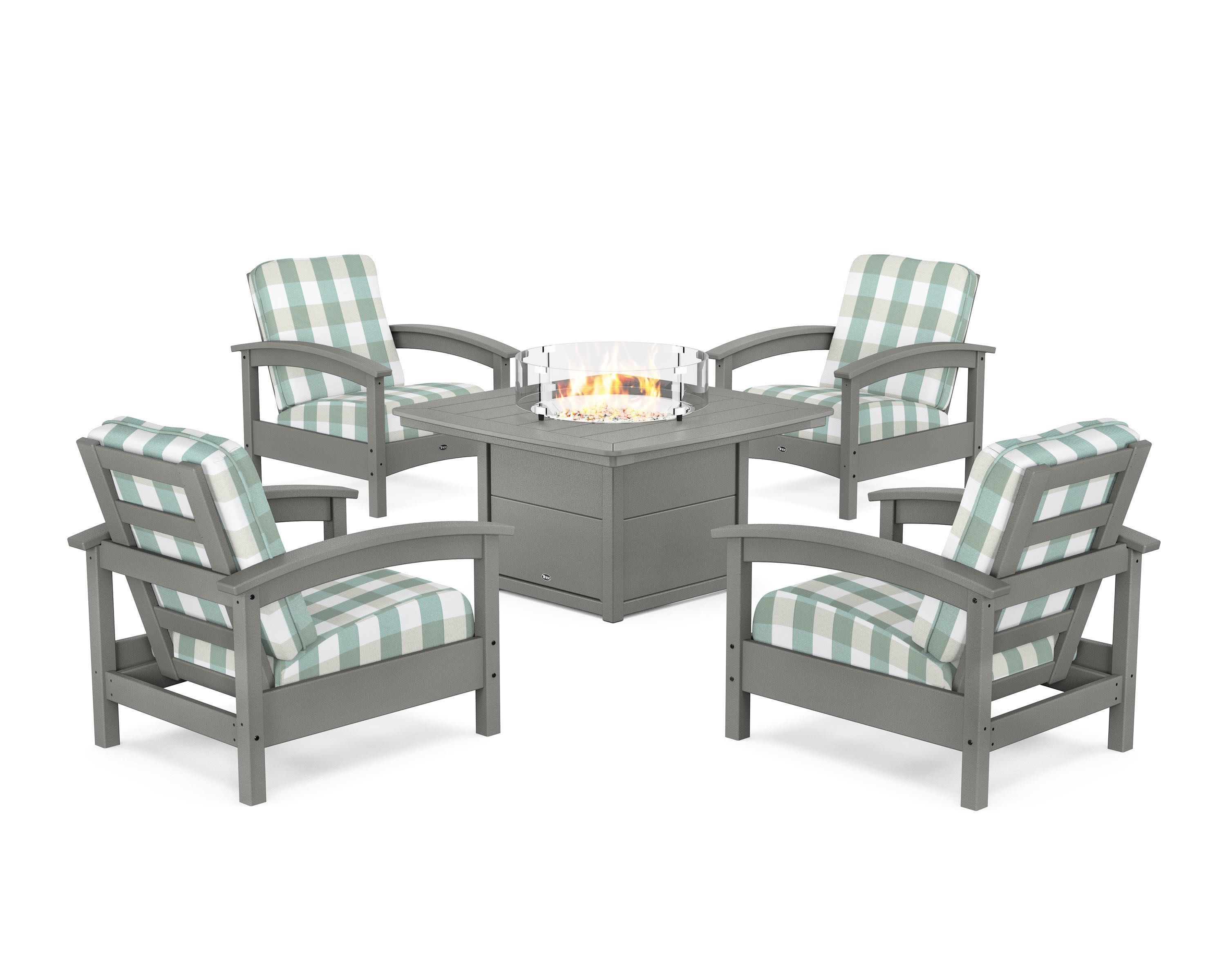 Rockport 5-Piece Deep Seating Set with Yacht Club Fire Pit Table in Stepping Stone / Buffalo Plaid Glacier Spa