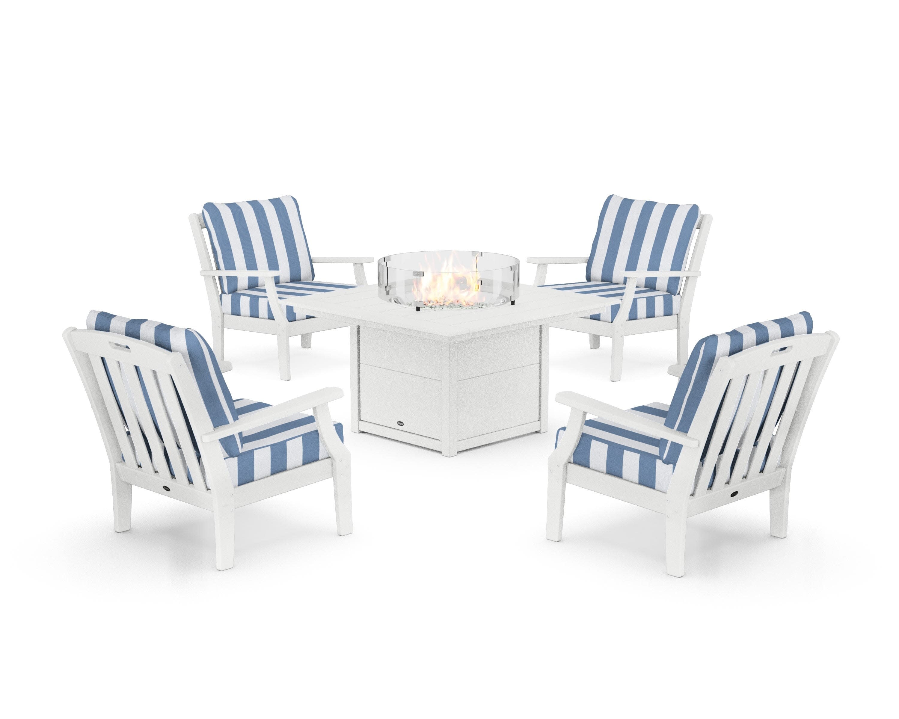 Yacht Club 5-Piece Deep Seating Set with Square Fire Pit Table in Classic White / Cabana Stripe Sky Blue