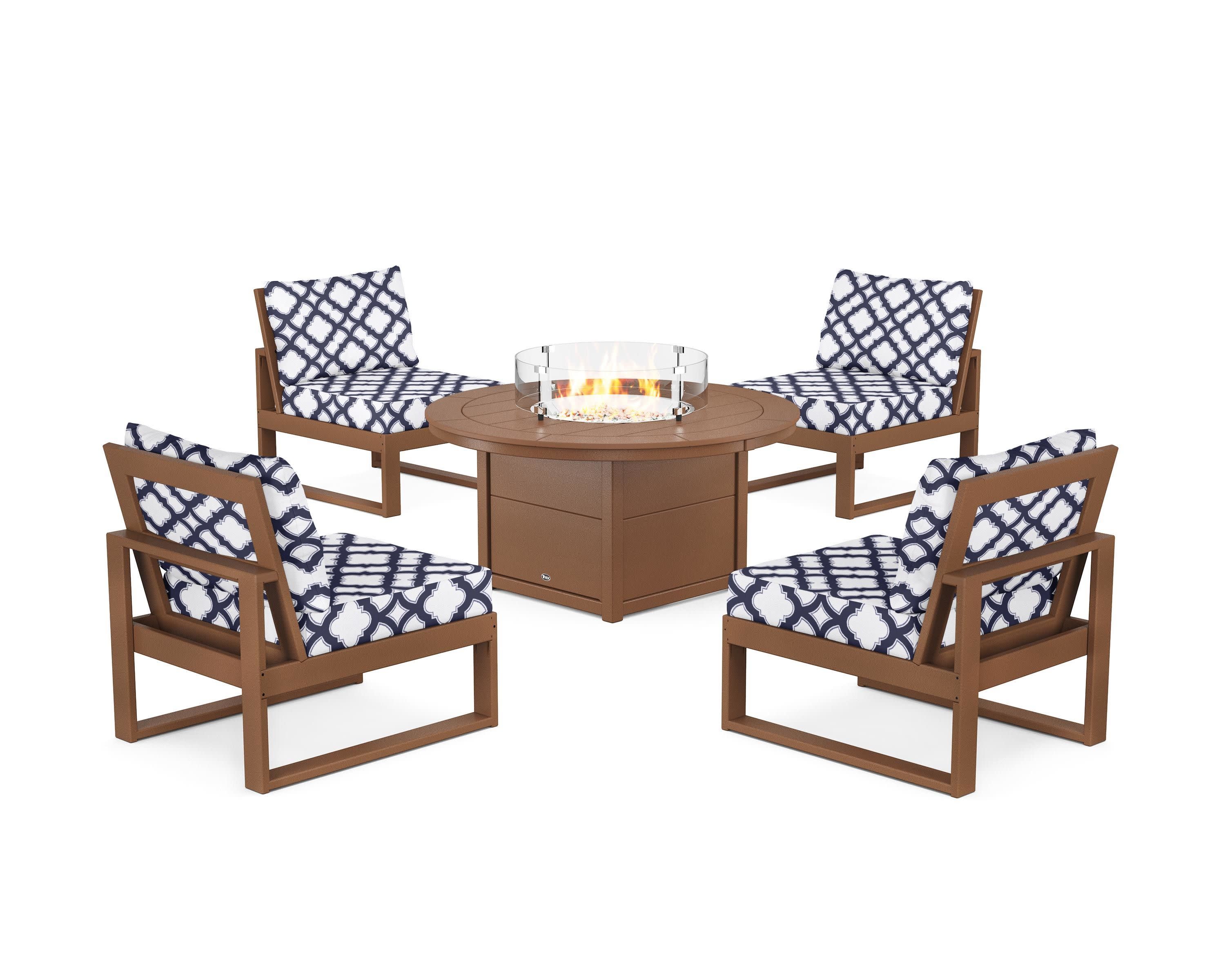 Eastport Modular 5-Piece Deep Seating Set with Round Fire Pit Table in Tree House / Trellis Navy