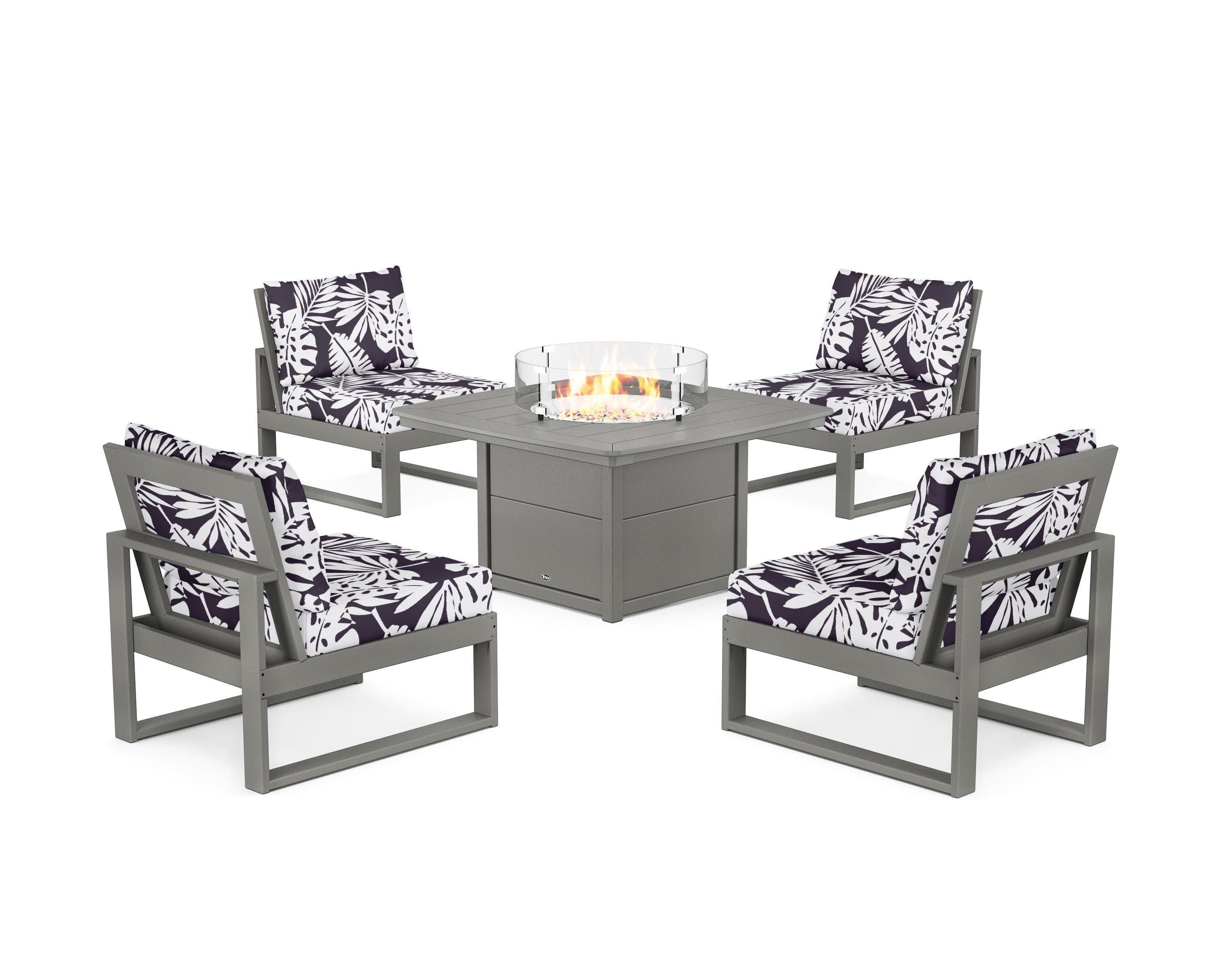 Eastport Modular 5-Piece Deep Seating Set with Yacht Club Fire Pit Table in Stepping Stone / Leaf Navy