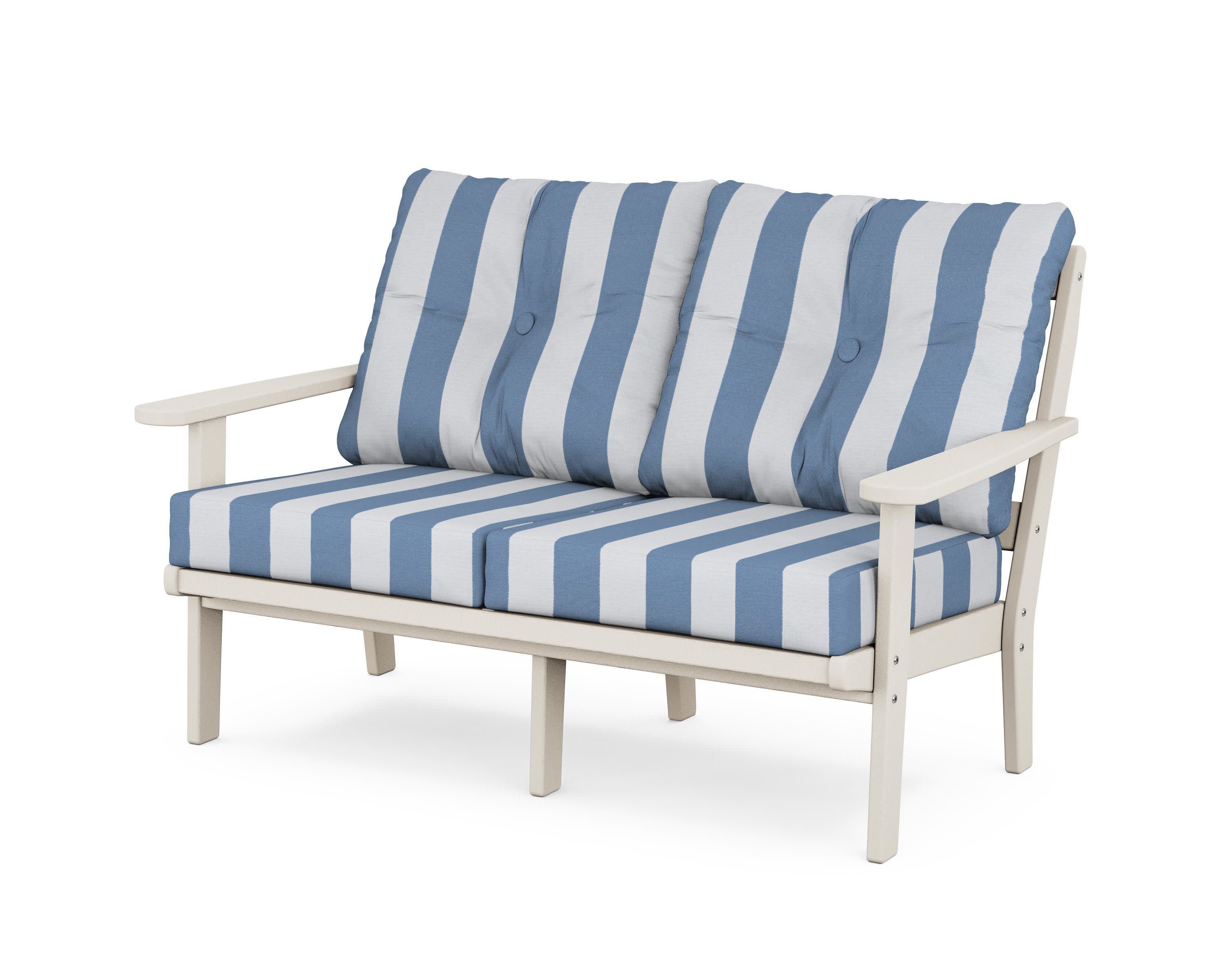 Cape Cod Deep Seating Loveseat in Sand Castle / Cabana Stripe Sky Blue