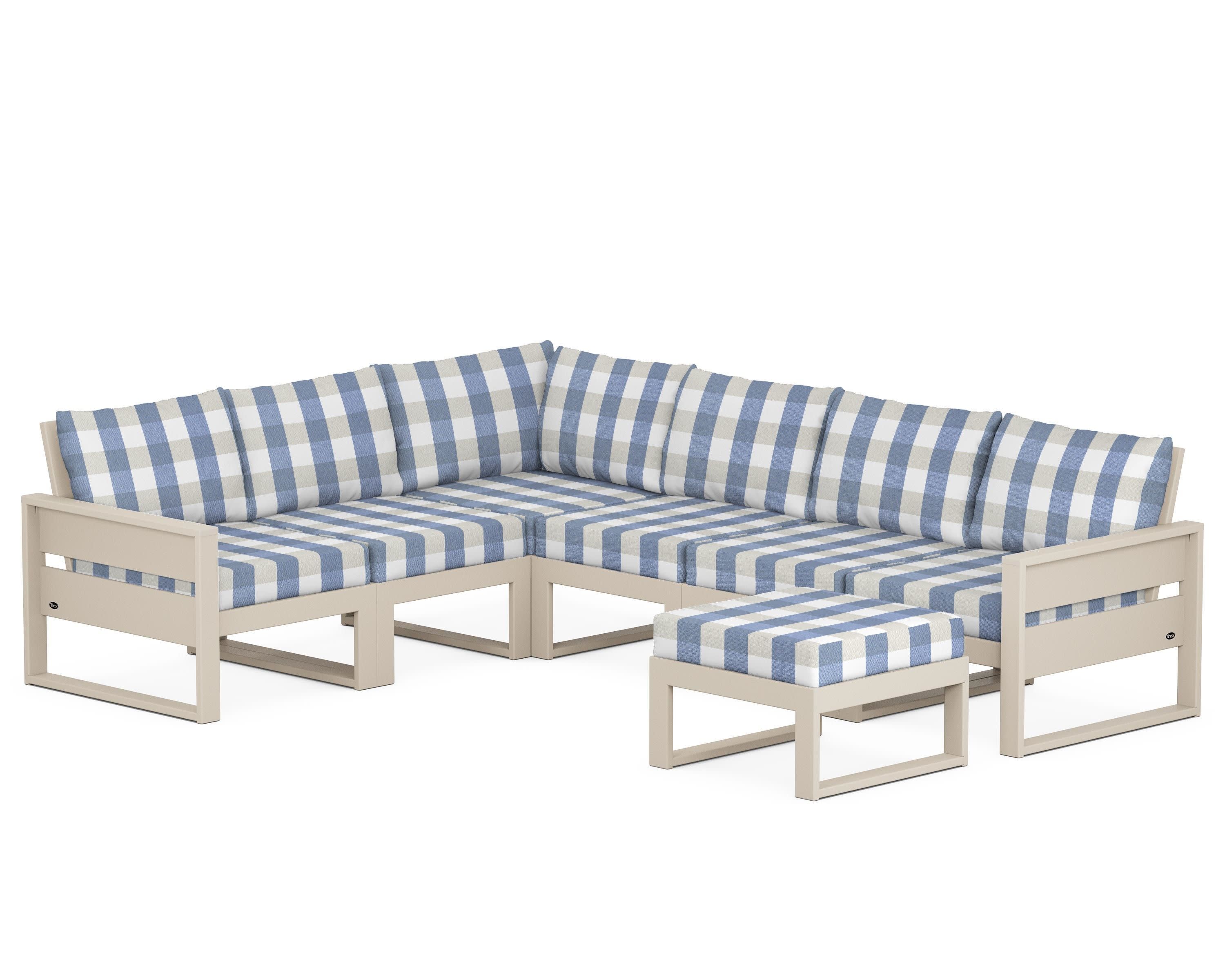 Eastport 6-Piece Sectional with Ottoman in Sand Castle / Buffalo Plaid Sky Blue