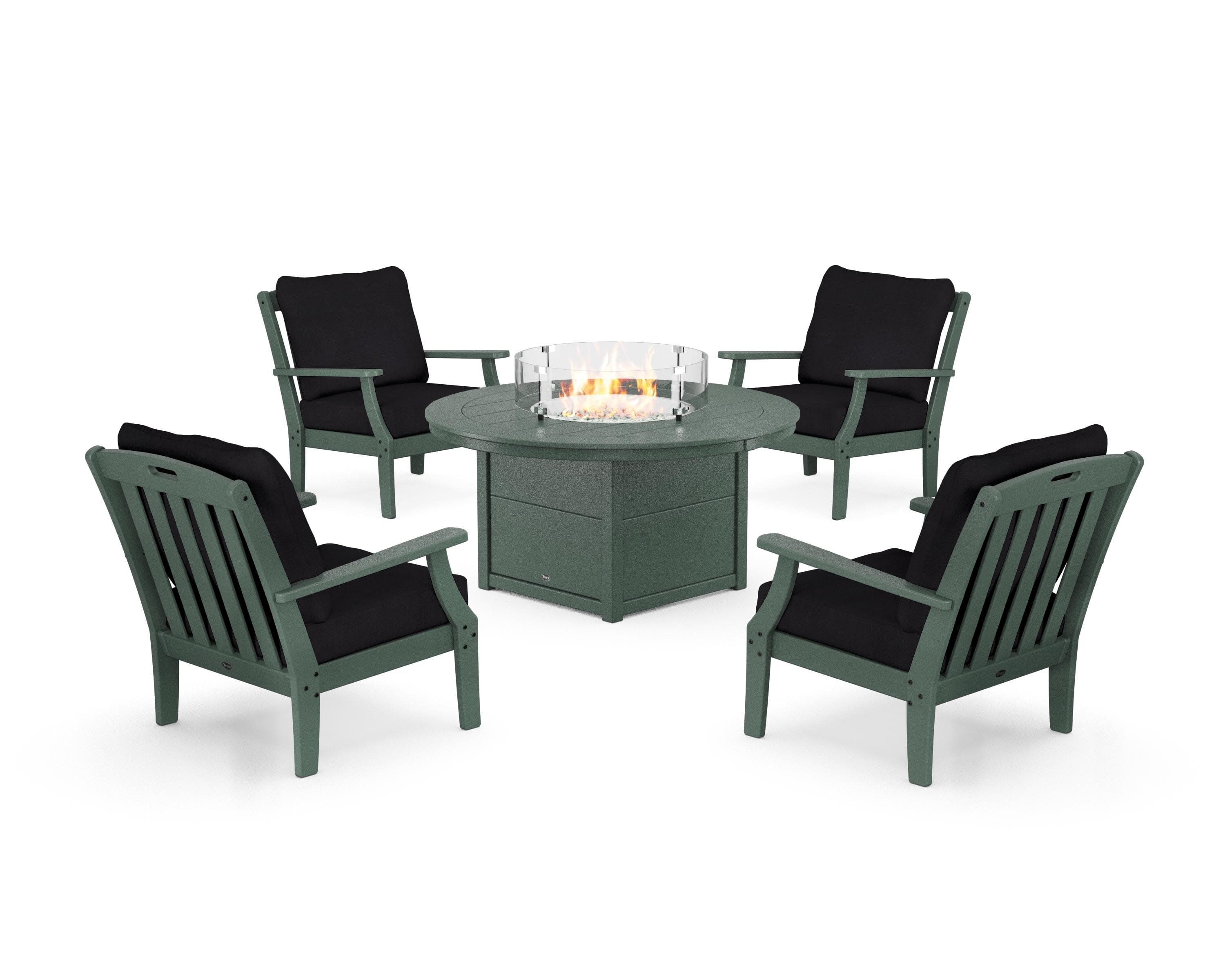 Yacht Club 5-Piece Deep Seating Set with Round Fire Pit Table in Rainforest Canopy / Midnight Linen