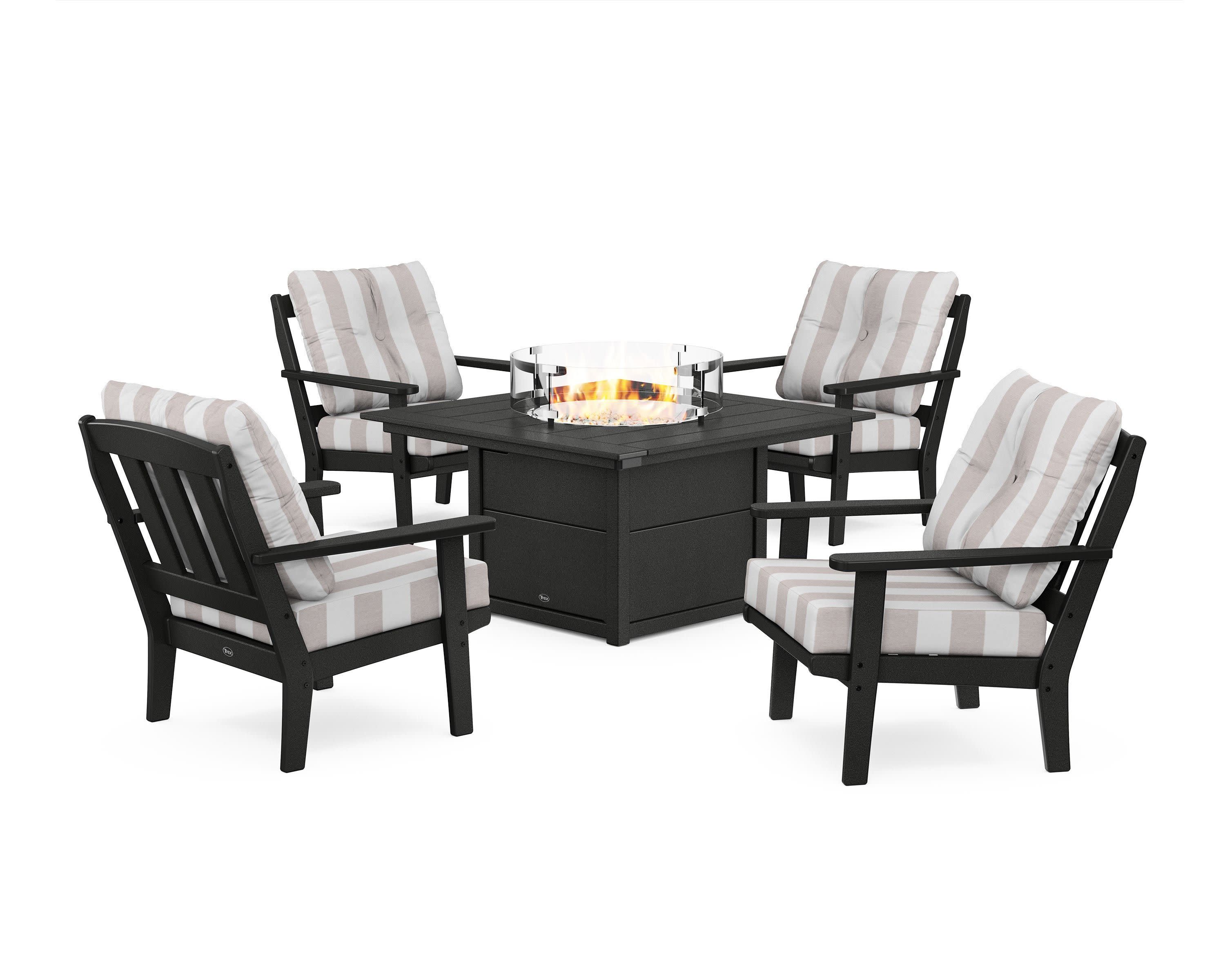 Cape Cod 5-Piece Deep Seating Set with Fire Pit Table in Charcoal Black / Cabana Stripe Dune Burlap