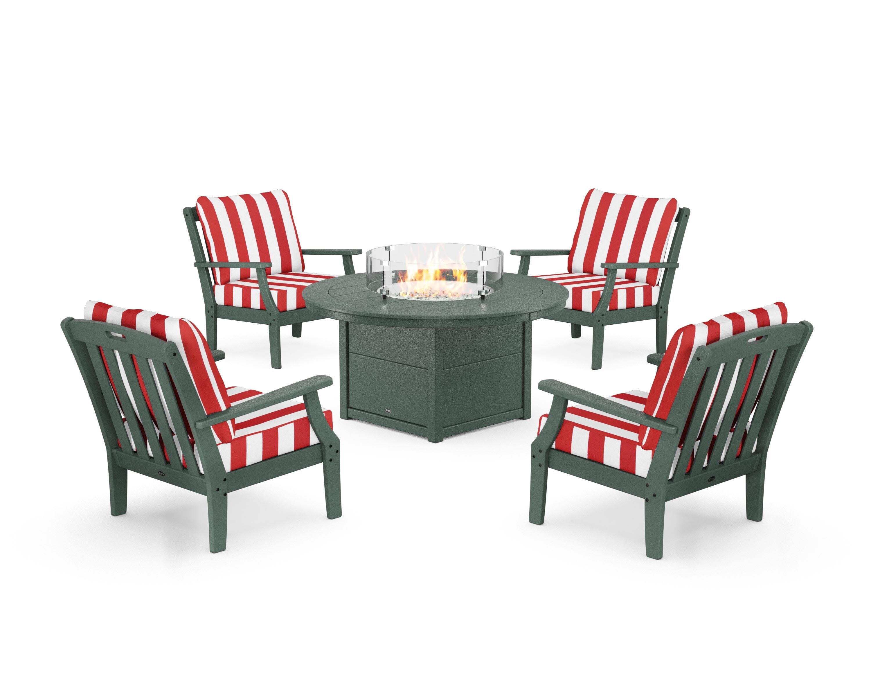 Yacht Club 5-Piece Deep Seating Set with Round Fire Pit Table in Rainforest Canopy / Cabana Stripe Crimson