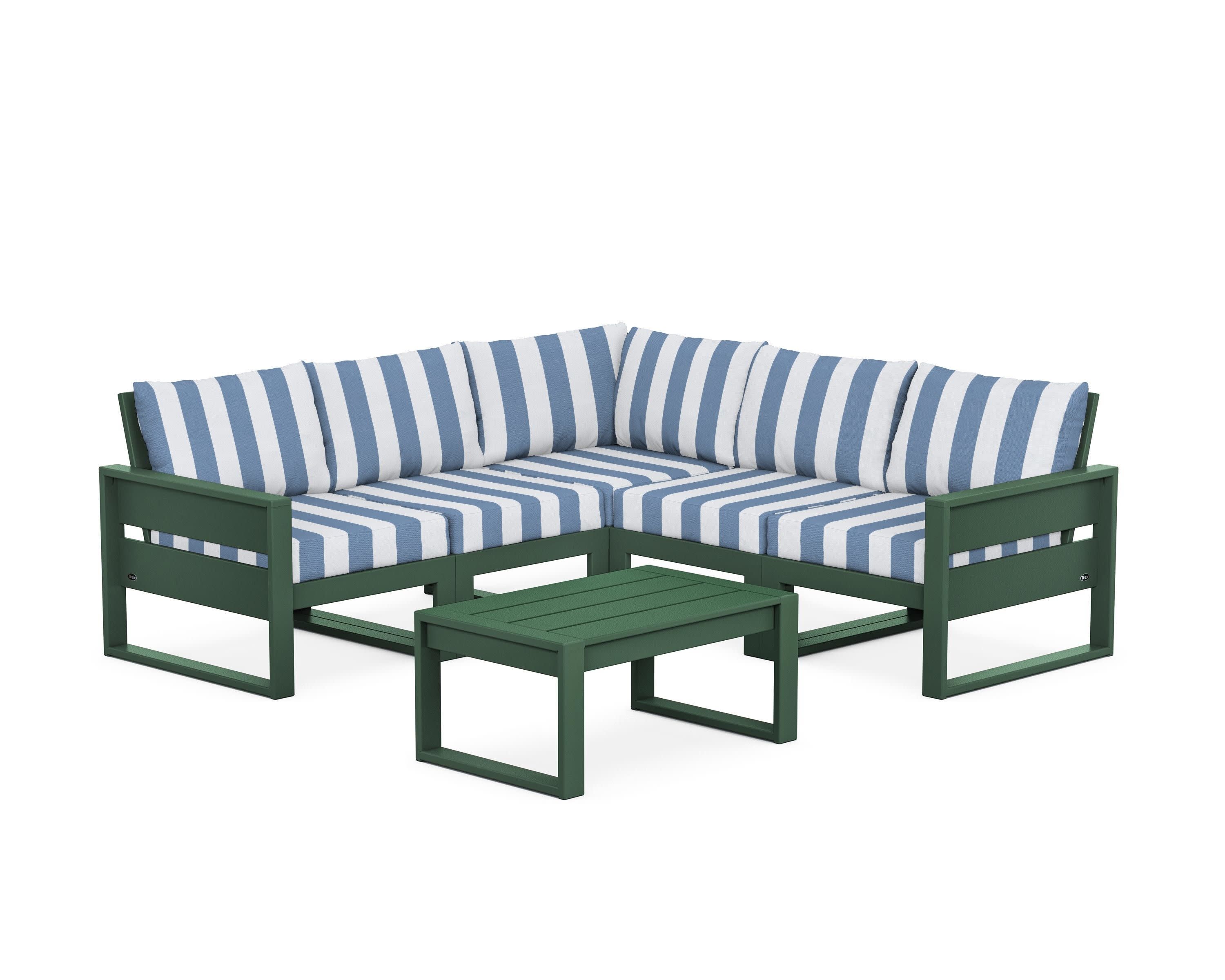 Eastport 6-Piece Deep Seating Sectional + Coffee Table Set in Rainforest Canopy / Cabana Stripe Sky Blue