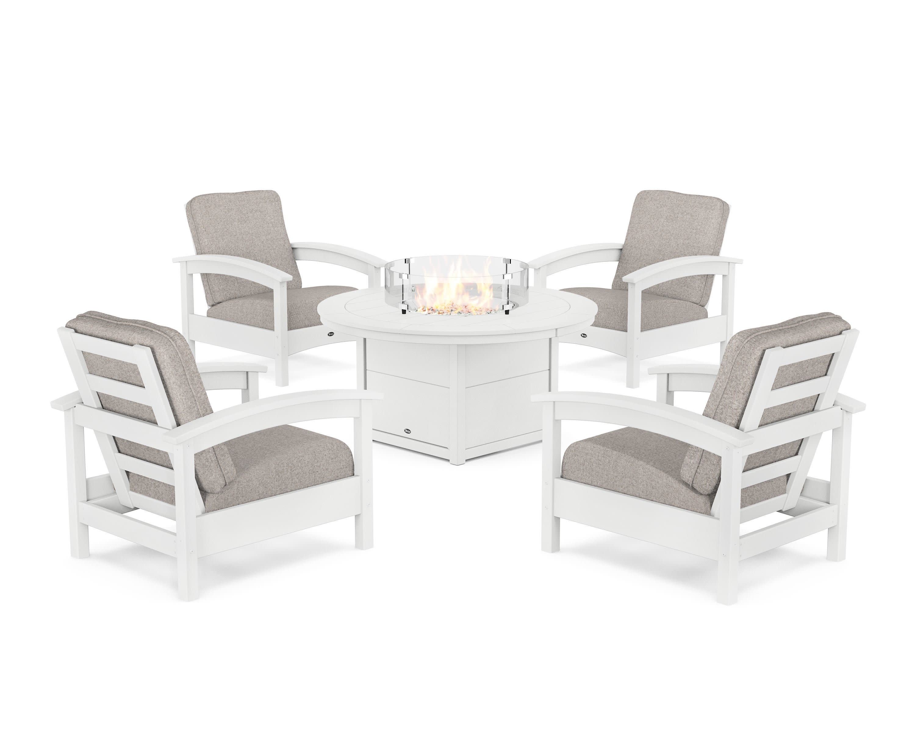 Rockport 5-Piece Deep Seating Set with Round Fire Pit Table in Classic White / Weathered Tweed