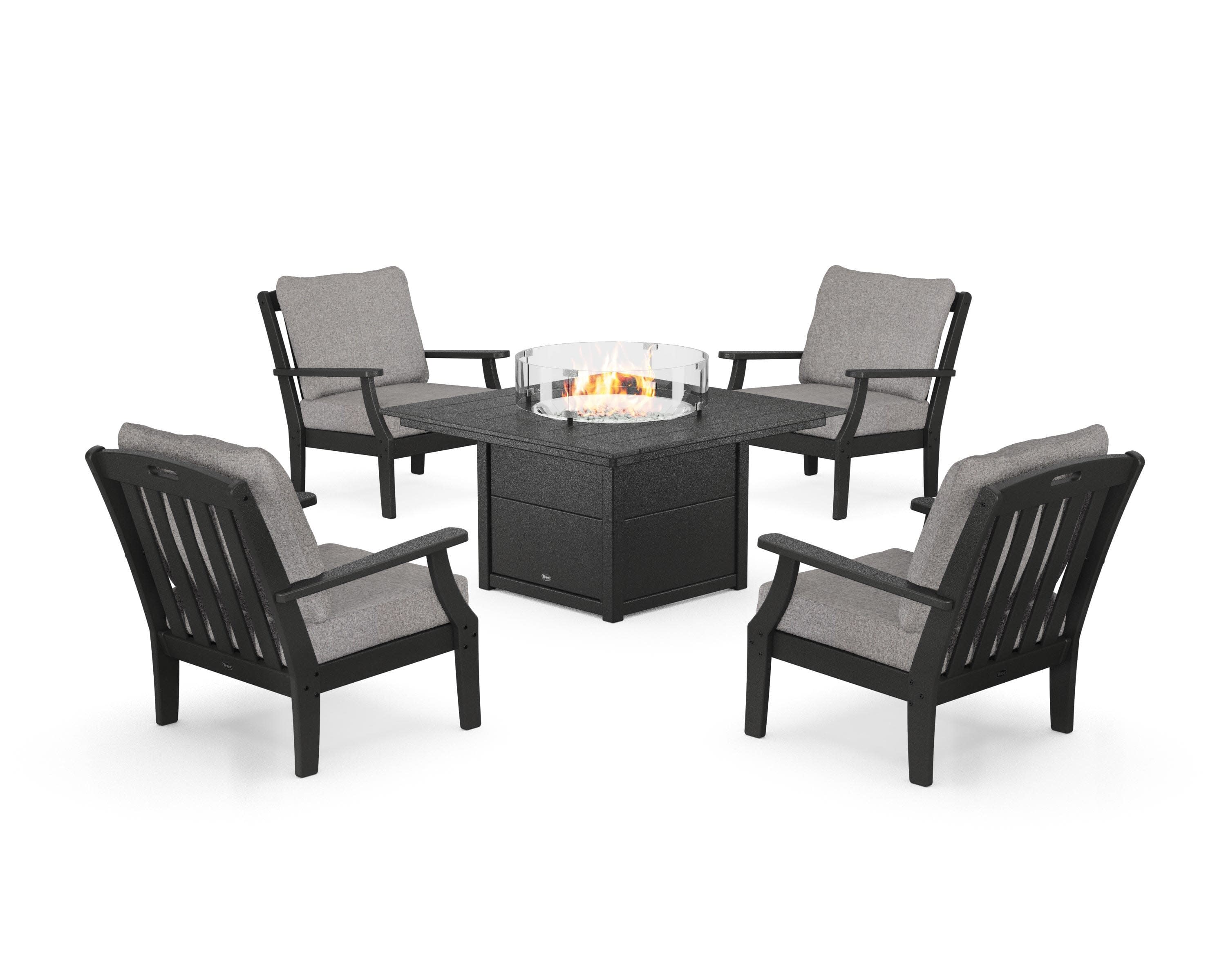 Yacht Club 5-Piece Deep Seating Set with Square Fire Pit Table in Charcoal Black / Grey Mist