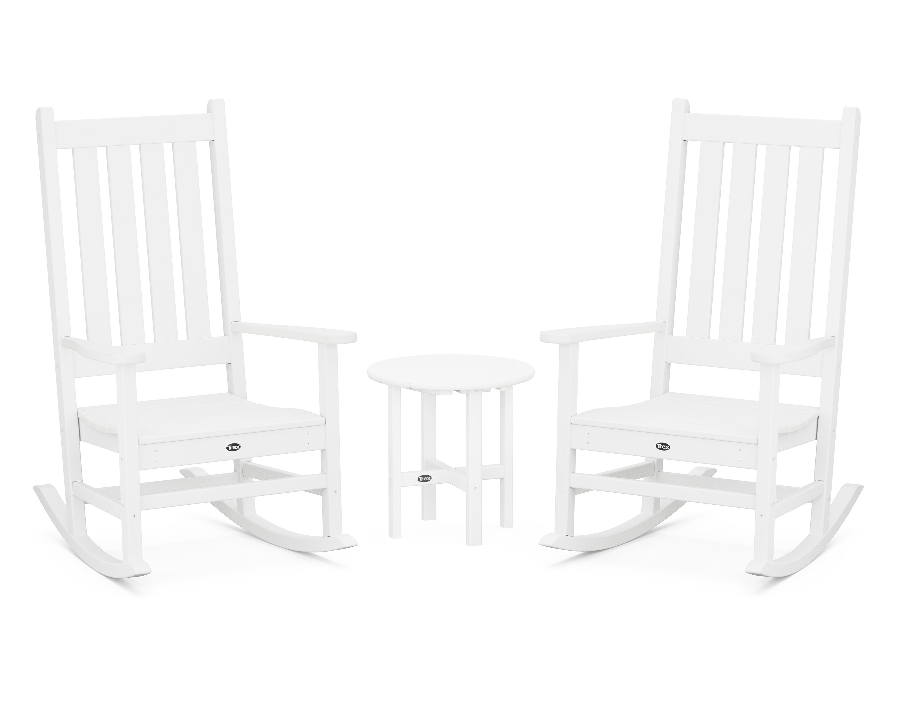 Cape Cod 3-Piece Porch Rocking Chair Set with Cape Cod Round 18" Side Table in Classic White