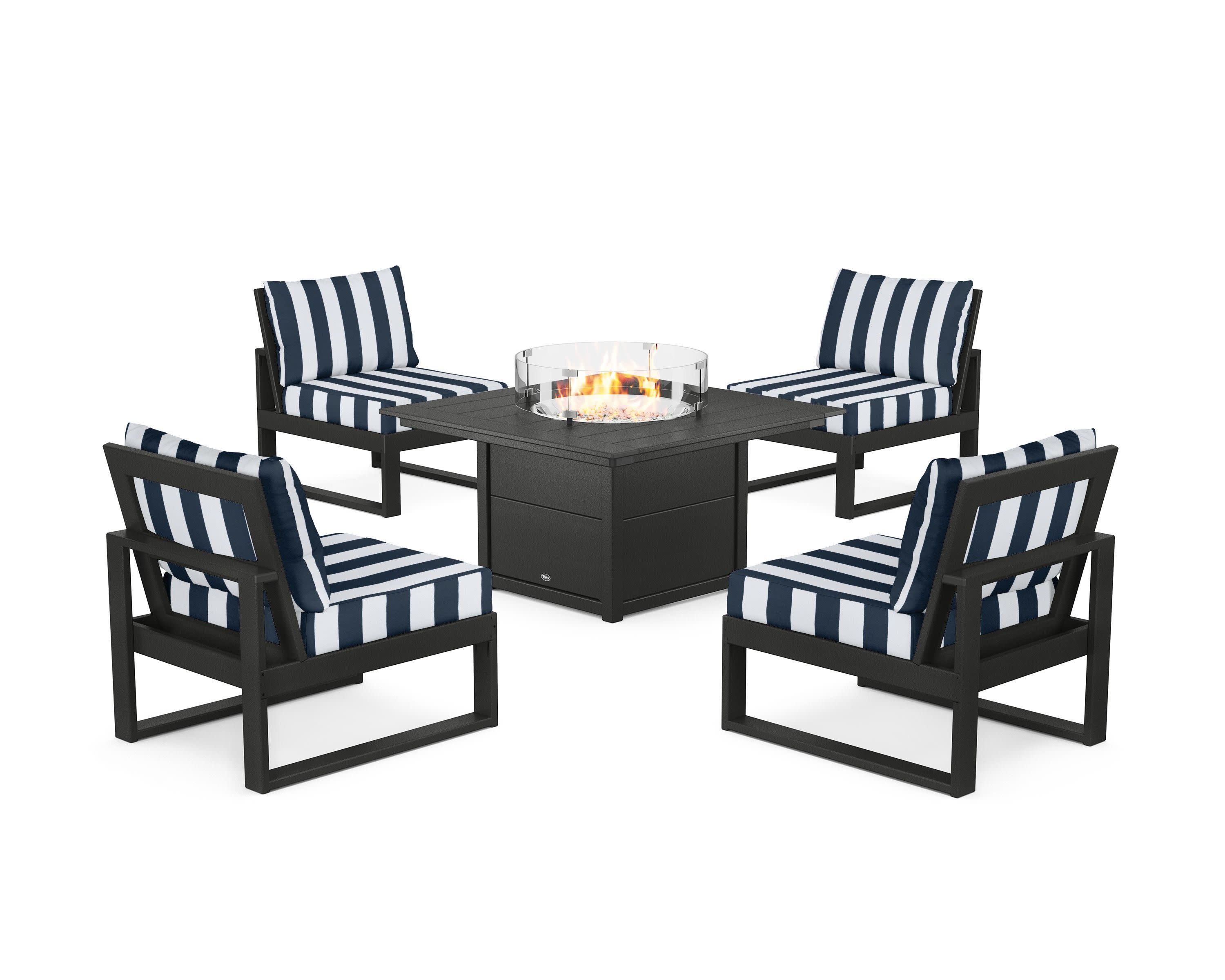Eastport Modular 5-Piece Deep Seating Set with Square Fire Pit Table in Charcoal Black / Cabana Stripe Marine Indigo