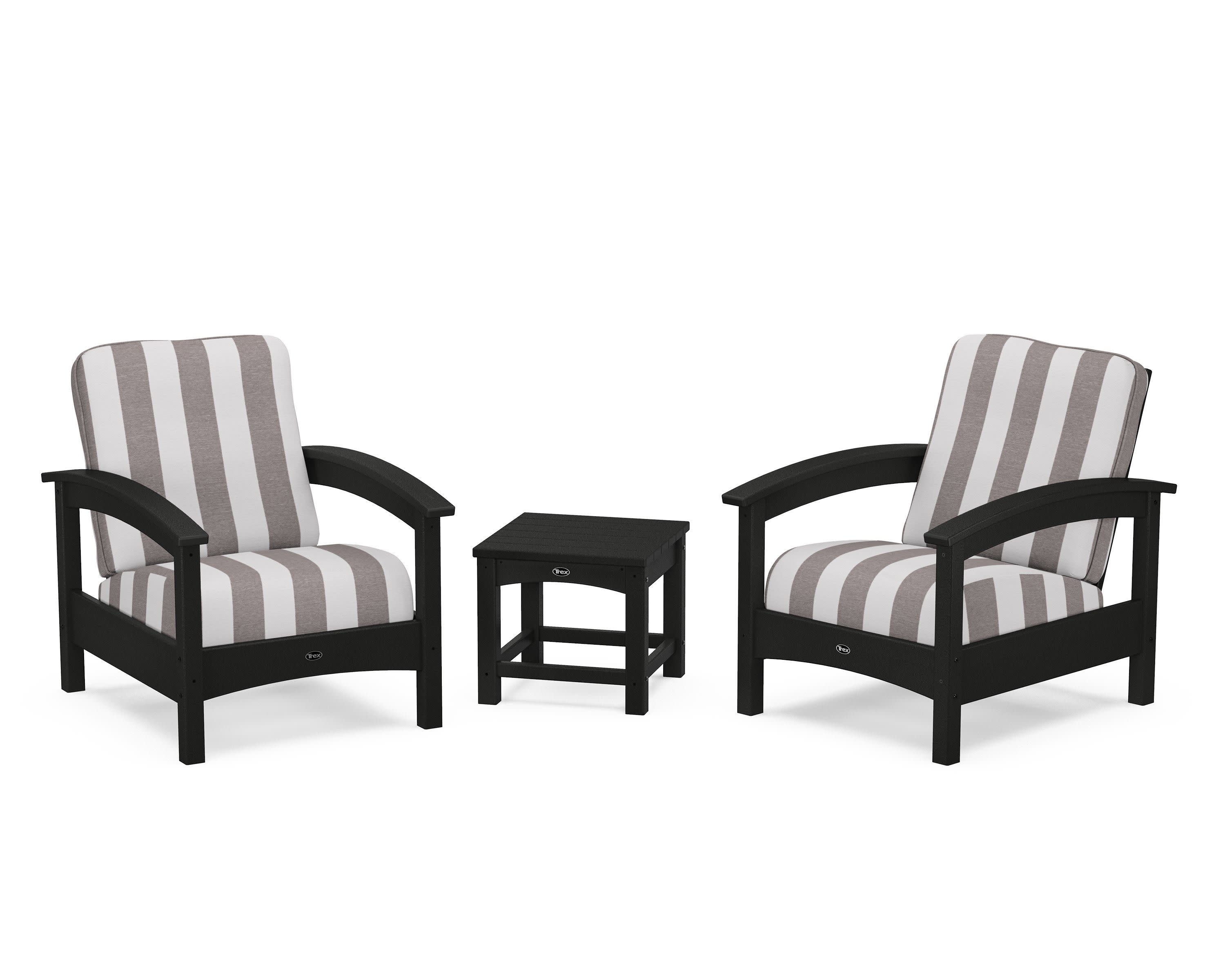Rockport Club 3-Piece Deep Seating Conversation Set in Charcoal Black / Cabana Stripe Grey Mist