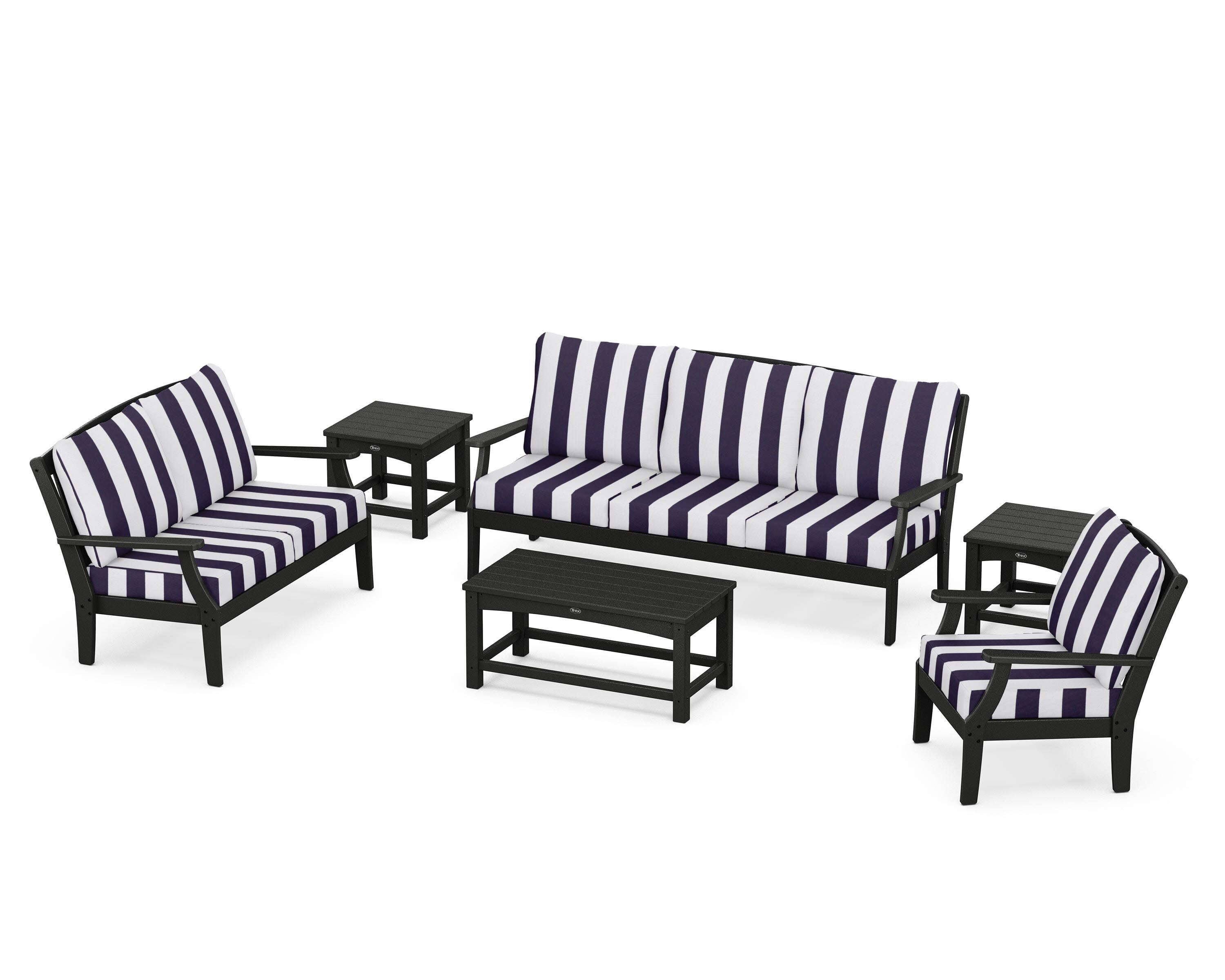 Yacht Club 6-Piece Deep Seating Set in Charcoal Black / Cabana Stripe Navy
