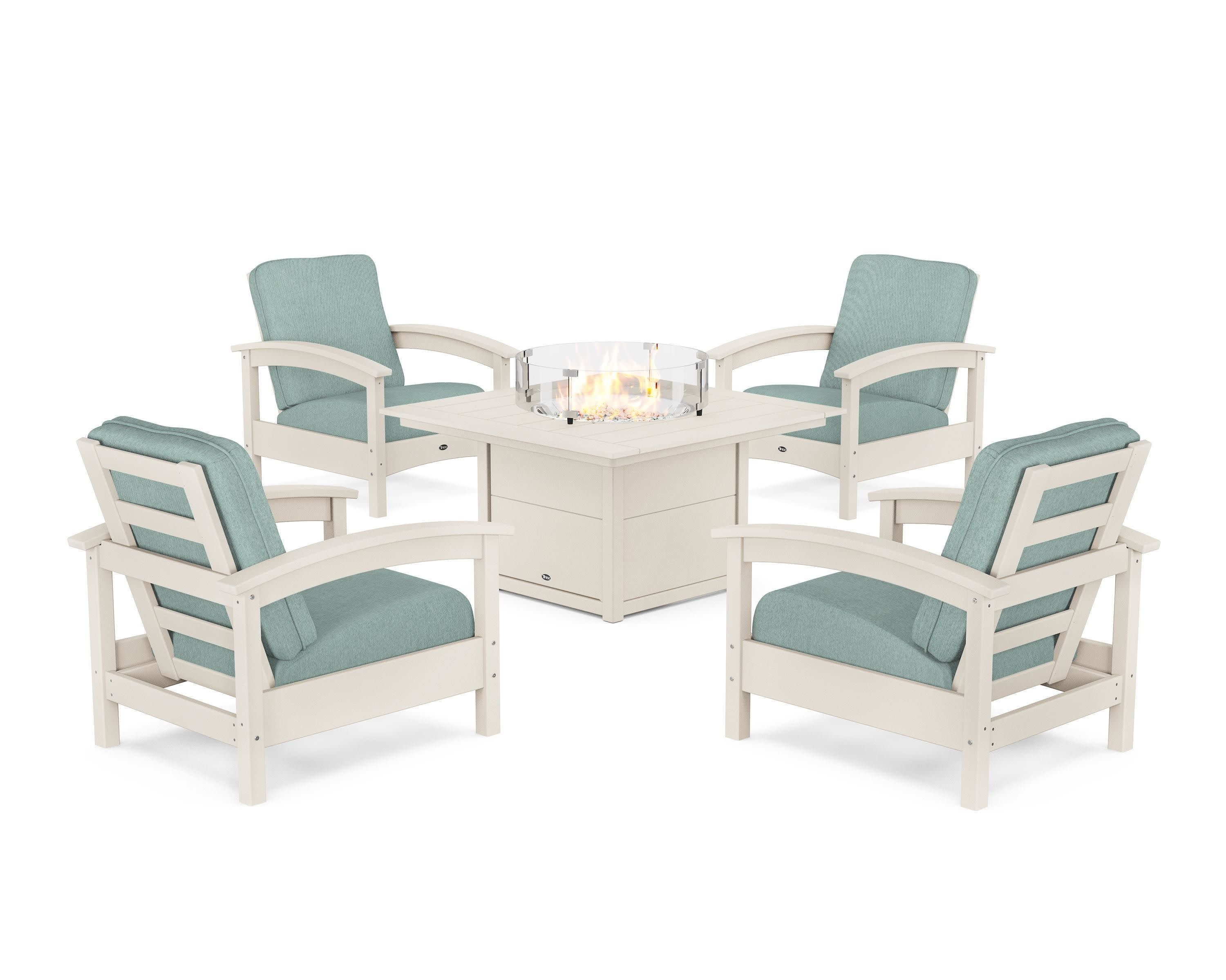 Rockport 5-Piece Deep Seating Set with Square Fire Pit Table in Sand Castle / Glacier Spa