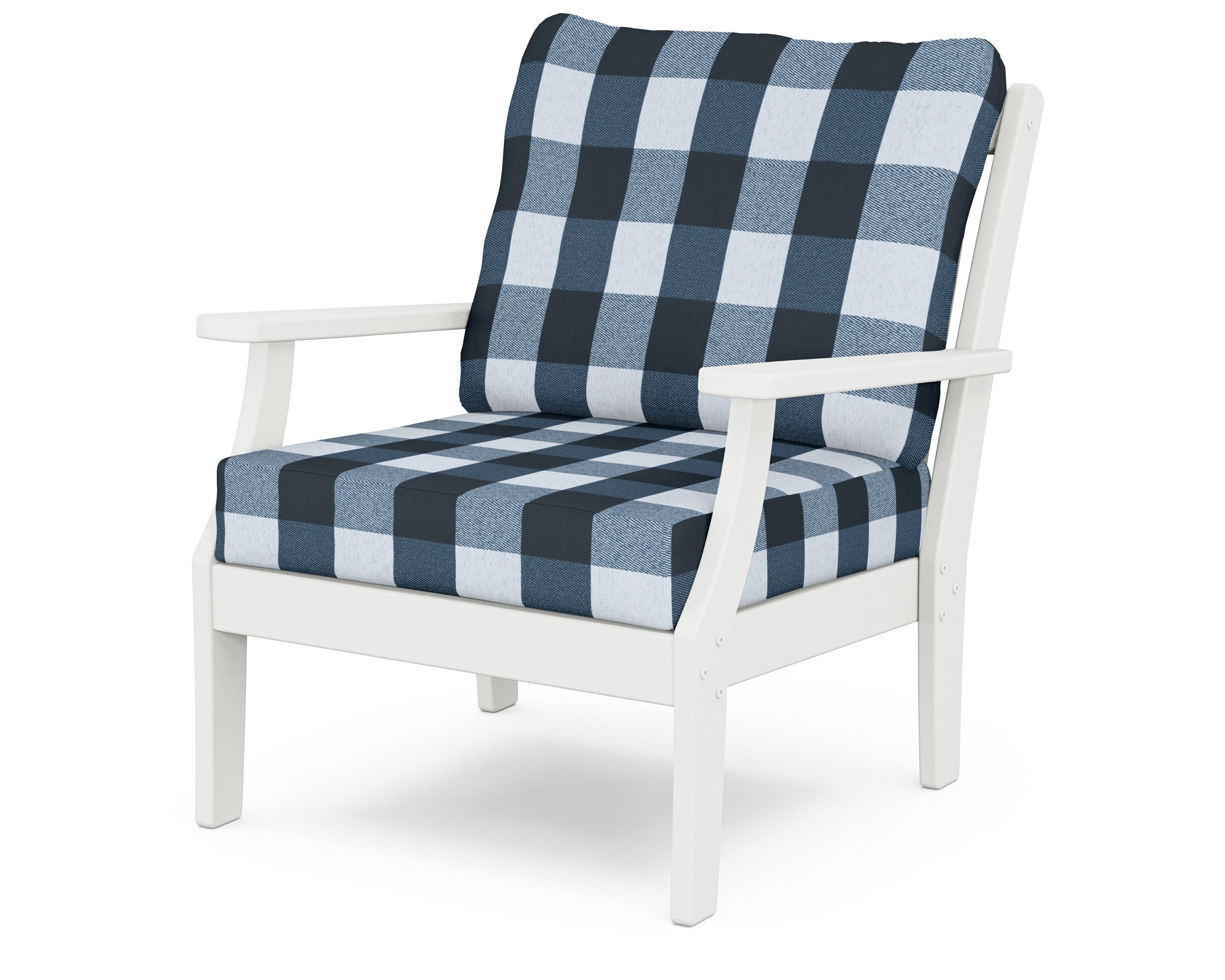 Yacht Club Deep Seating Chair in Classic White / Buffalo Plaid Marine Indigo