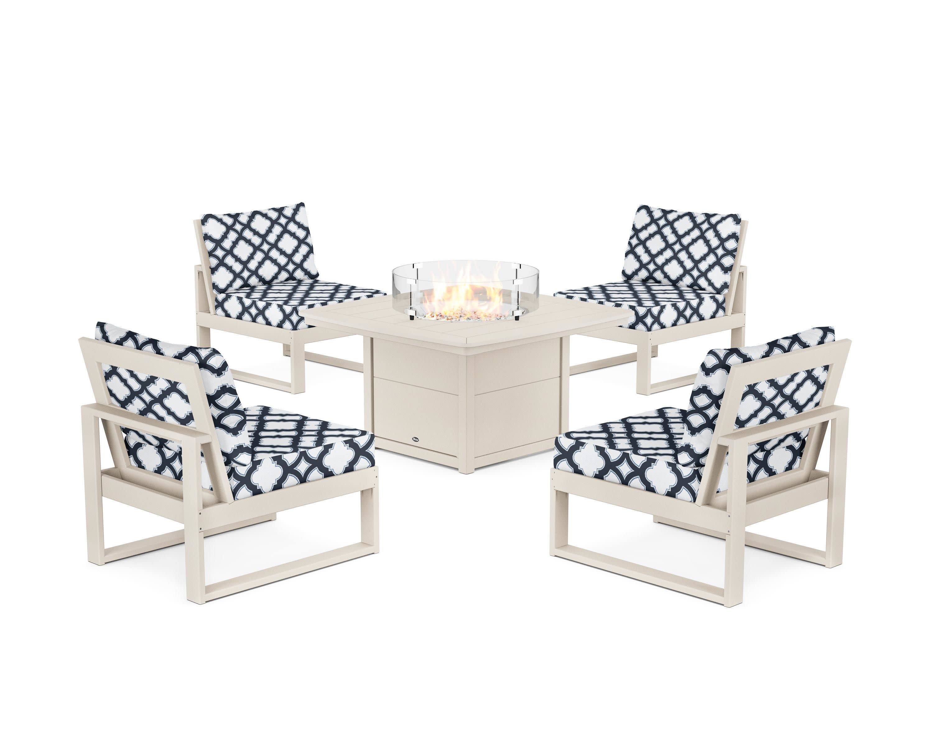 Eastport Modular 5-Piece Deep Seating Set with Yacht Club Fire Pit Table in Sand Castle / Trellis Marine Indigo