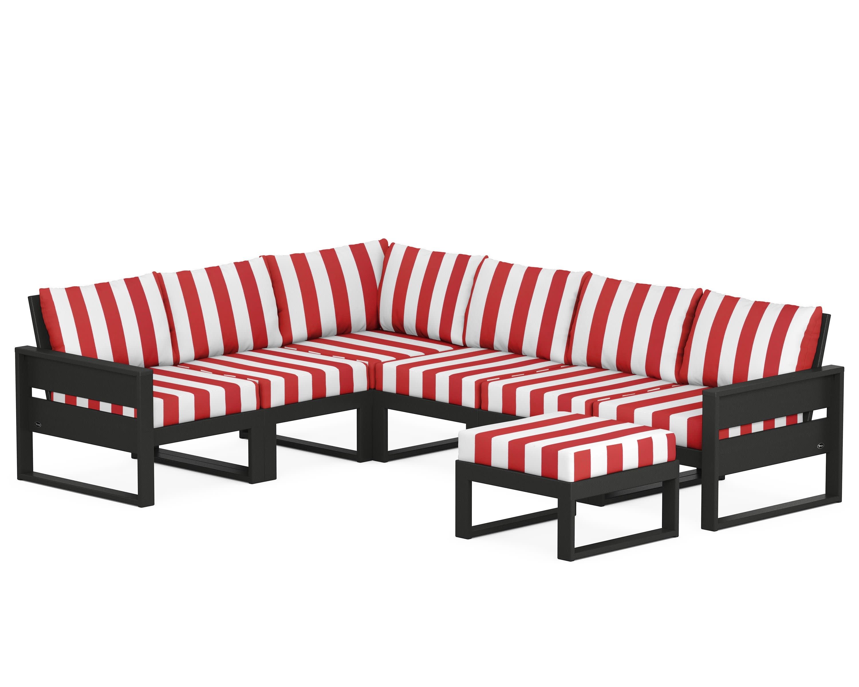 Eastport 6-Piece Sectional with Ottoman in Charcoal Black / Cabana Stripe Crimson