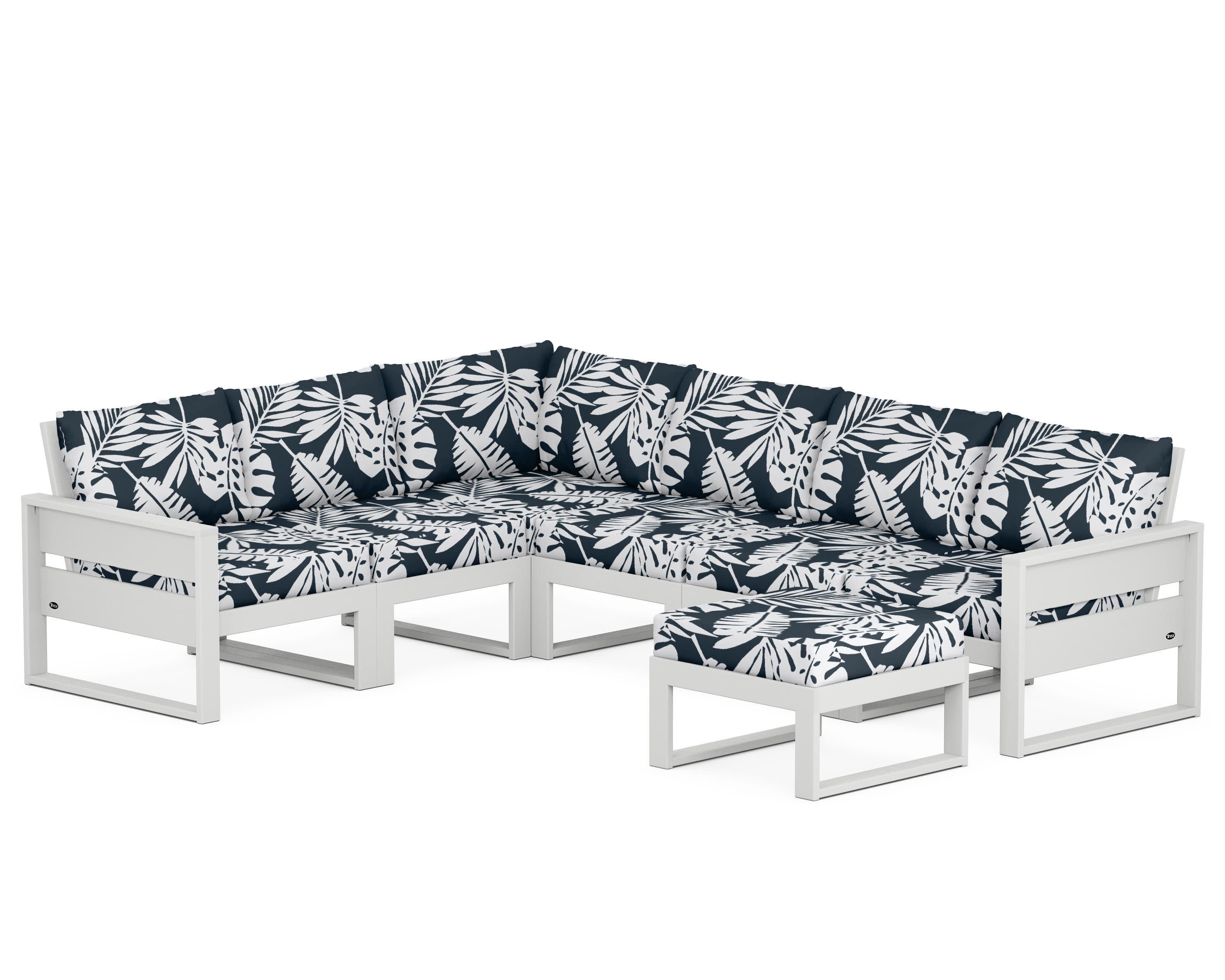 Eastport 6-Piece Sectional with Ottoman in Classic White / Leaf Marine Indigo