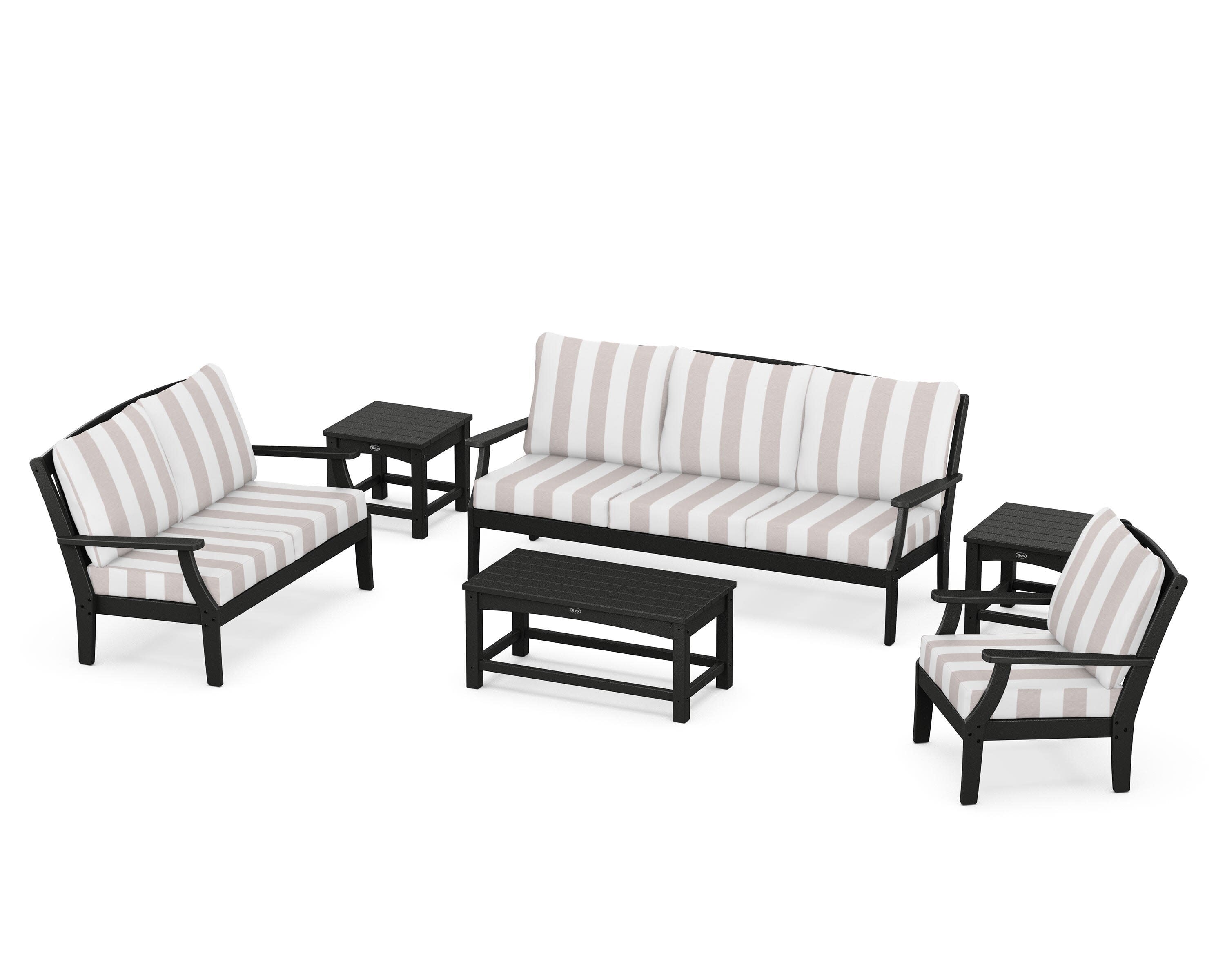 Yacht Club 6-Piece Deep Seating Set in Charcoal Black / Cabana Stripe Dune Burlap