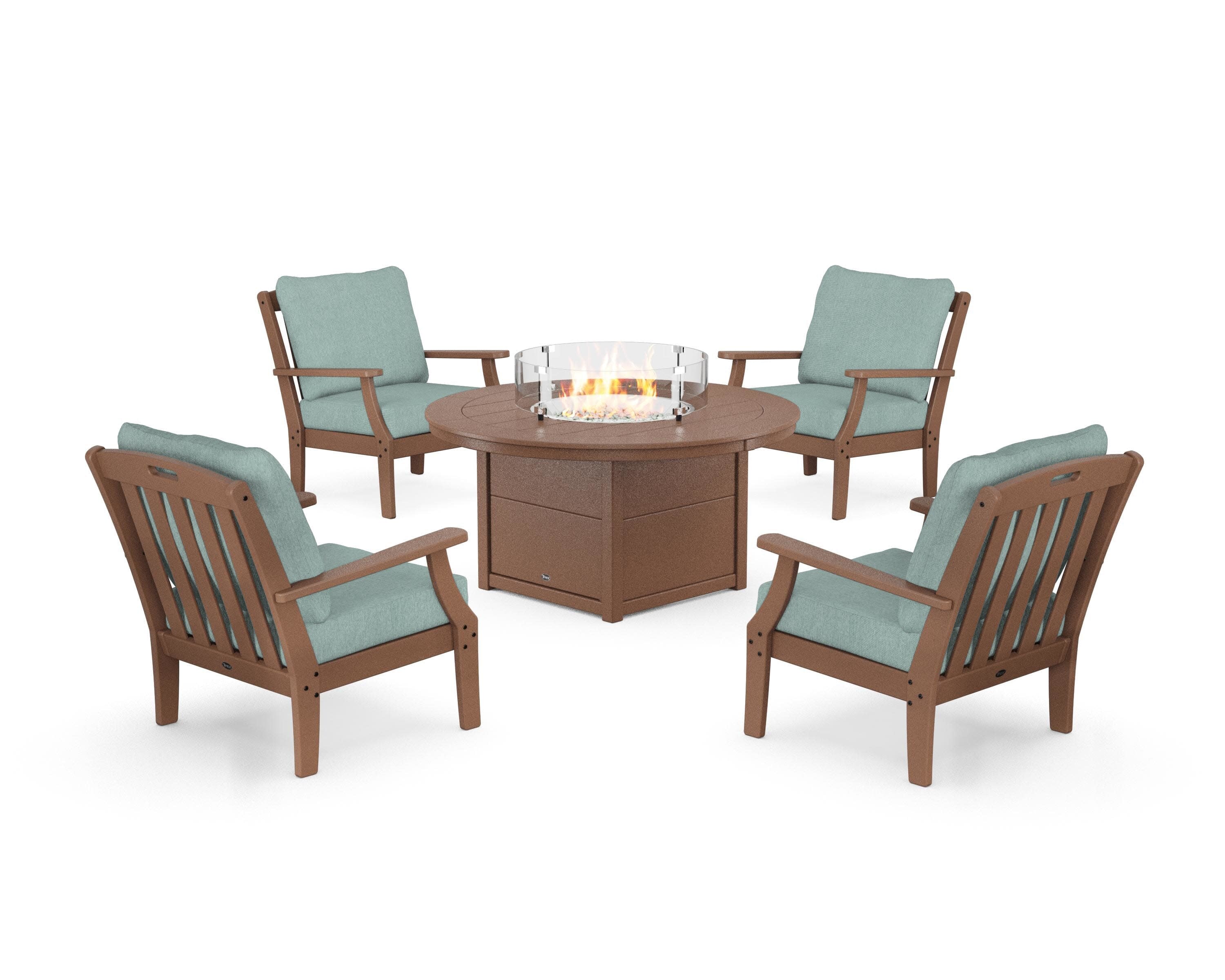 Yacht Club 5-Piece Deep Seating Set with Round Fire Pit Table in Tree House / Glacier Spa