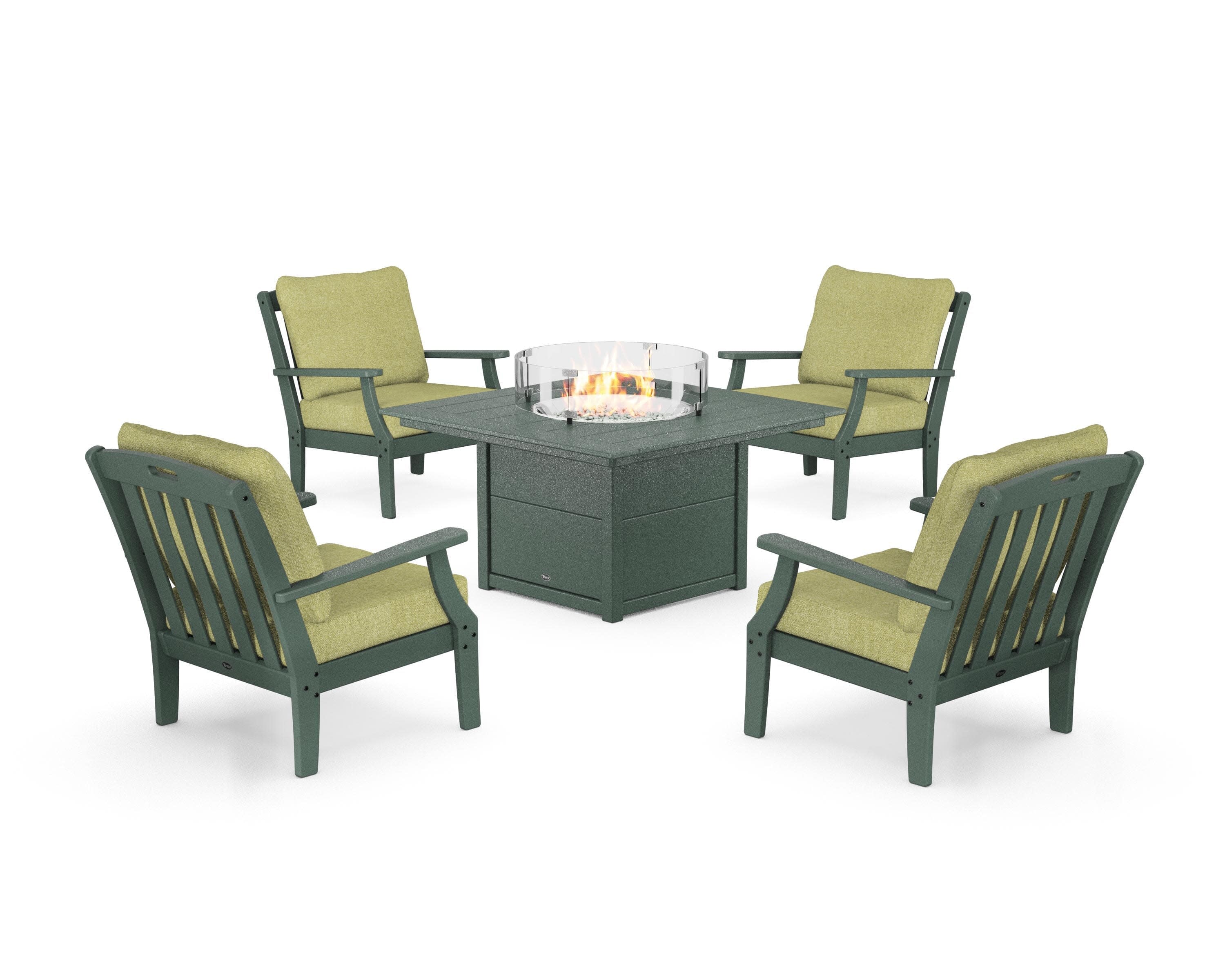 Yacht Club 5-Piece Deep Seating Set with Square Fire Pit Table in Rainforest Canopy / Chartreuse Boucle