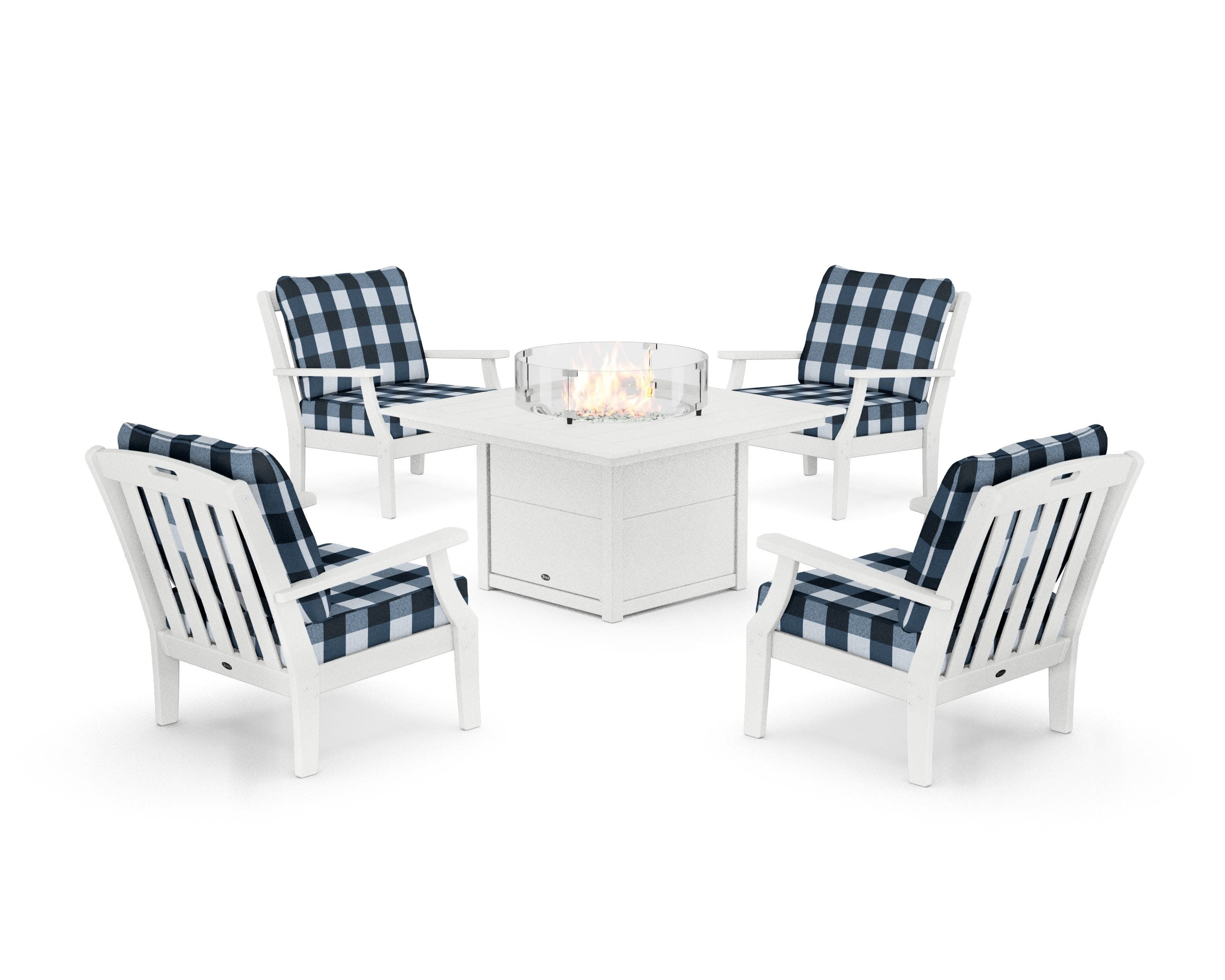 Yacht Club 5-Piece Deep Seating Set with Square Fire Pit Table in Classic White / Buffalo Plaid Marine Indigo