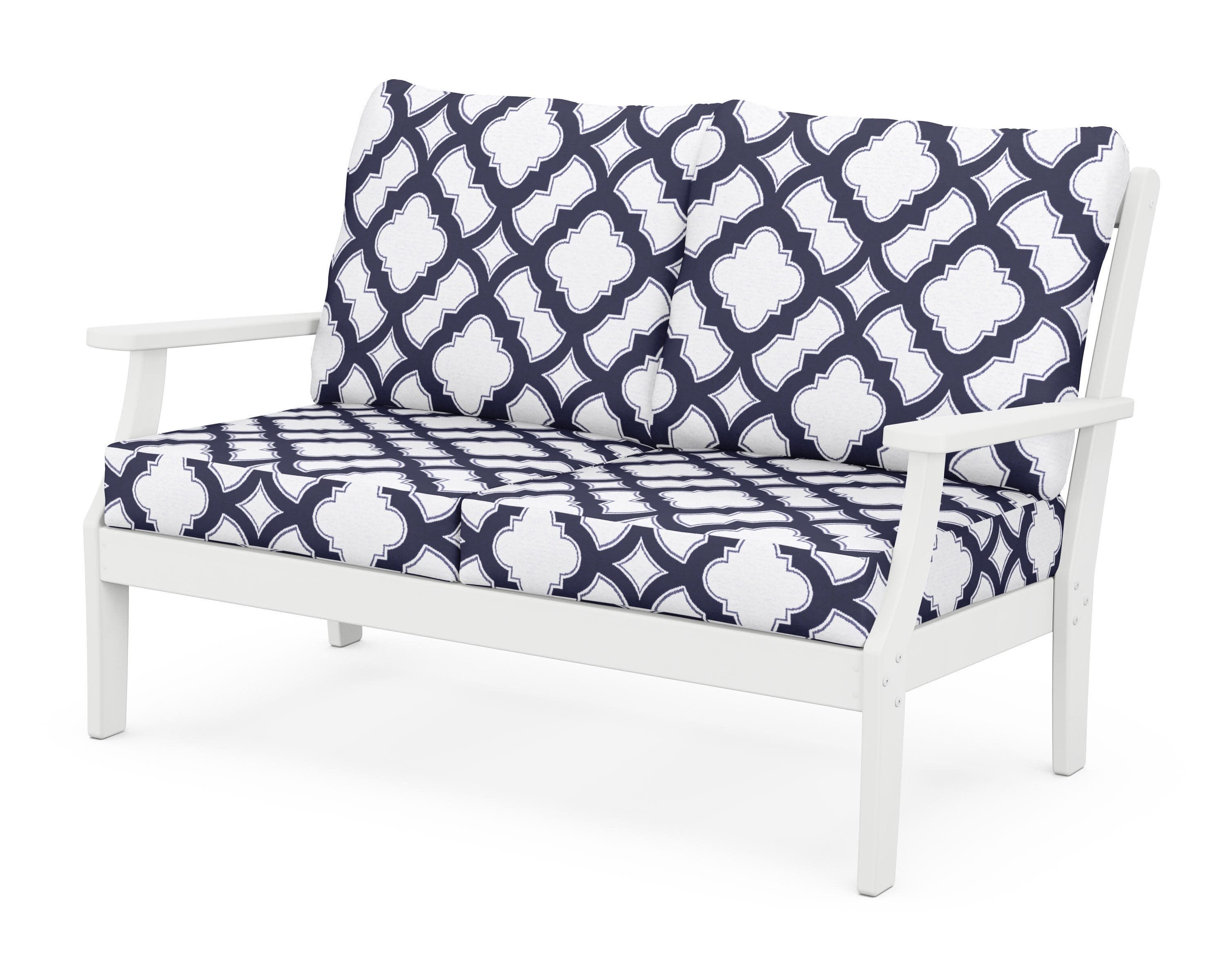 Yacht Club Deep Seating Loveseat in Classic White / Trellis Navy