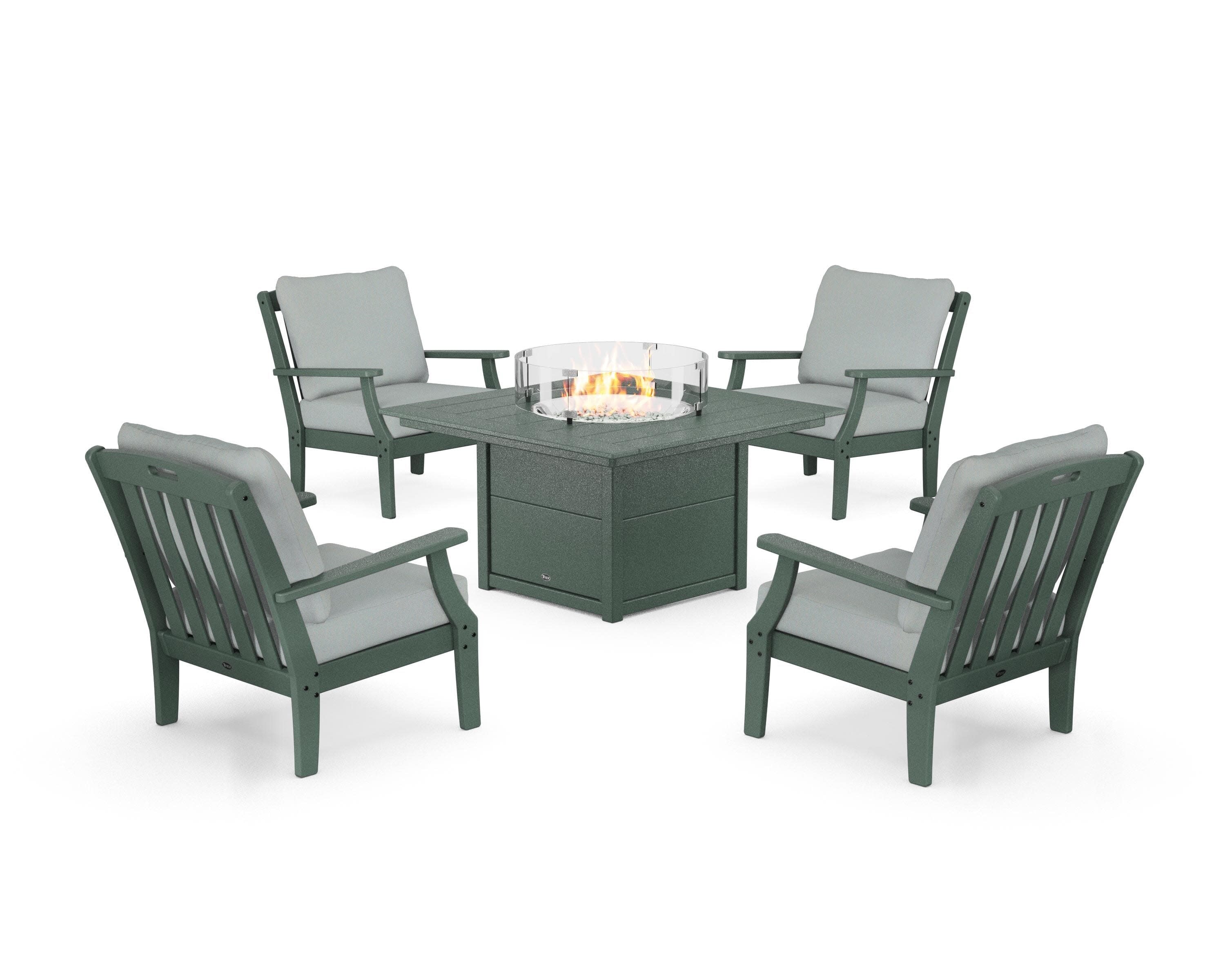 Yacht Club 5-Piece Deep Seating Set with Square Fire Pit Table in Rainforest Canopy / Spa