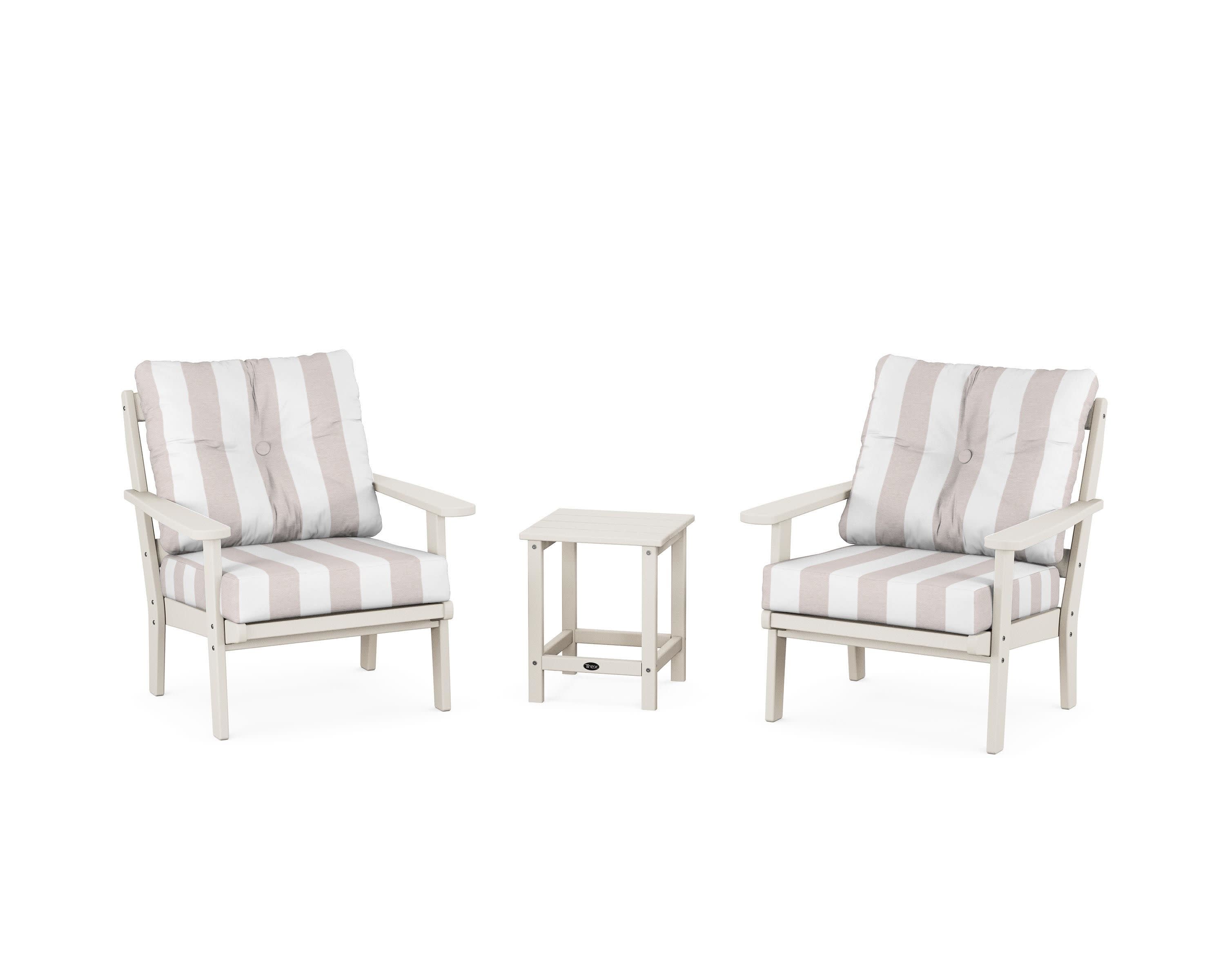 Cape Cod 3-Piece Deep Seating Set in Sand Castle / Cabana Stripe Dune Burlap