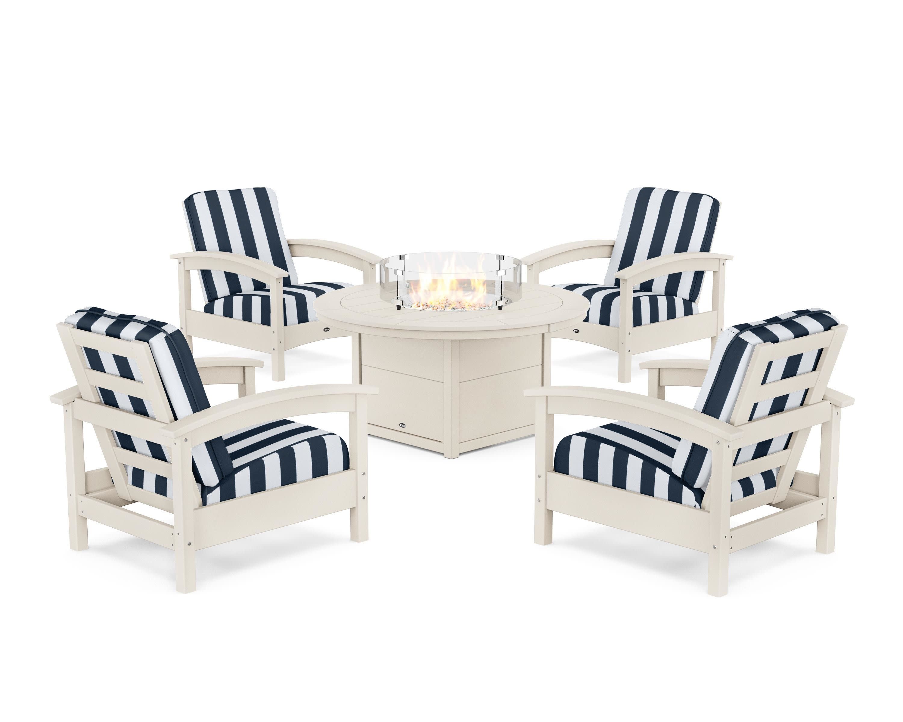 Rockport 5-Piece Deep Seating Set with Round Fire Pit Table in Sand Castle / Cabana Stripe Marine Indigo