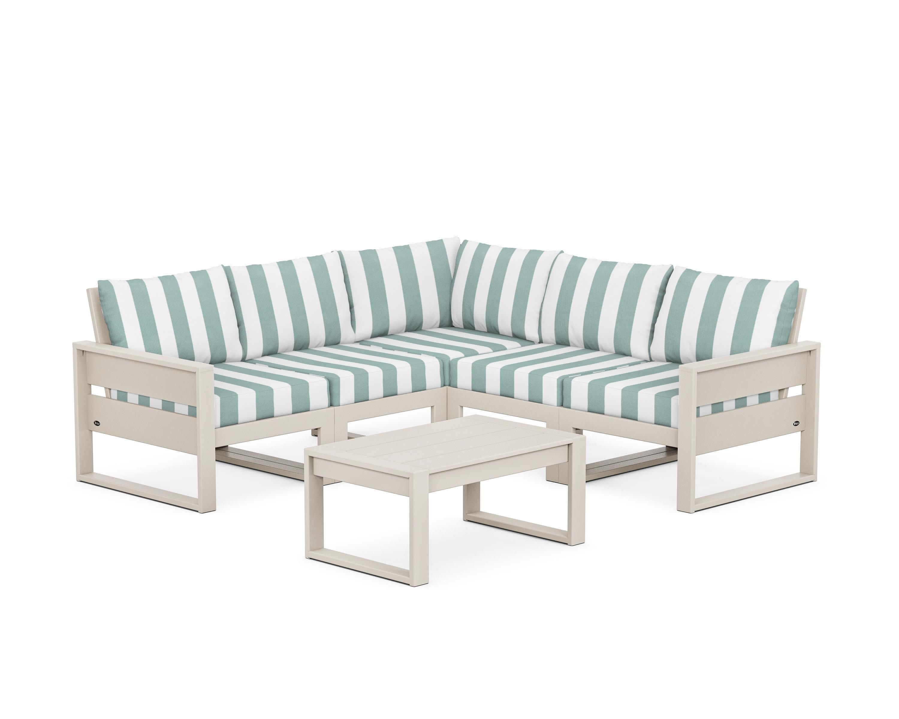 Eastport 6-Piece Deep Seating Sectional + Coffee Table Set in Sand Castle / Cabana Stripe Glacier Spa