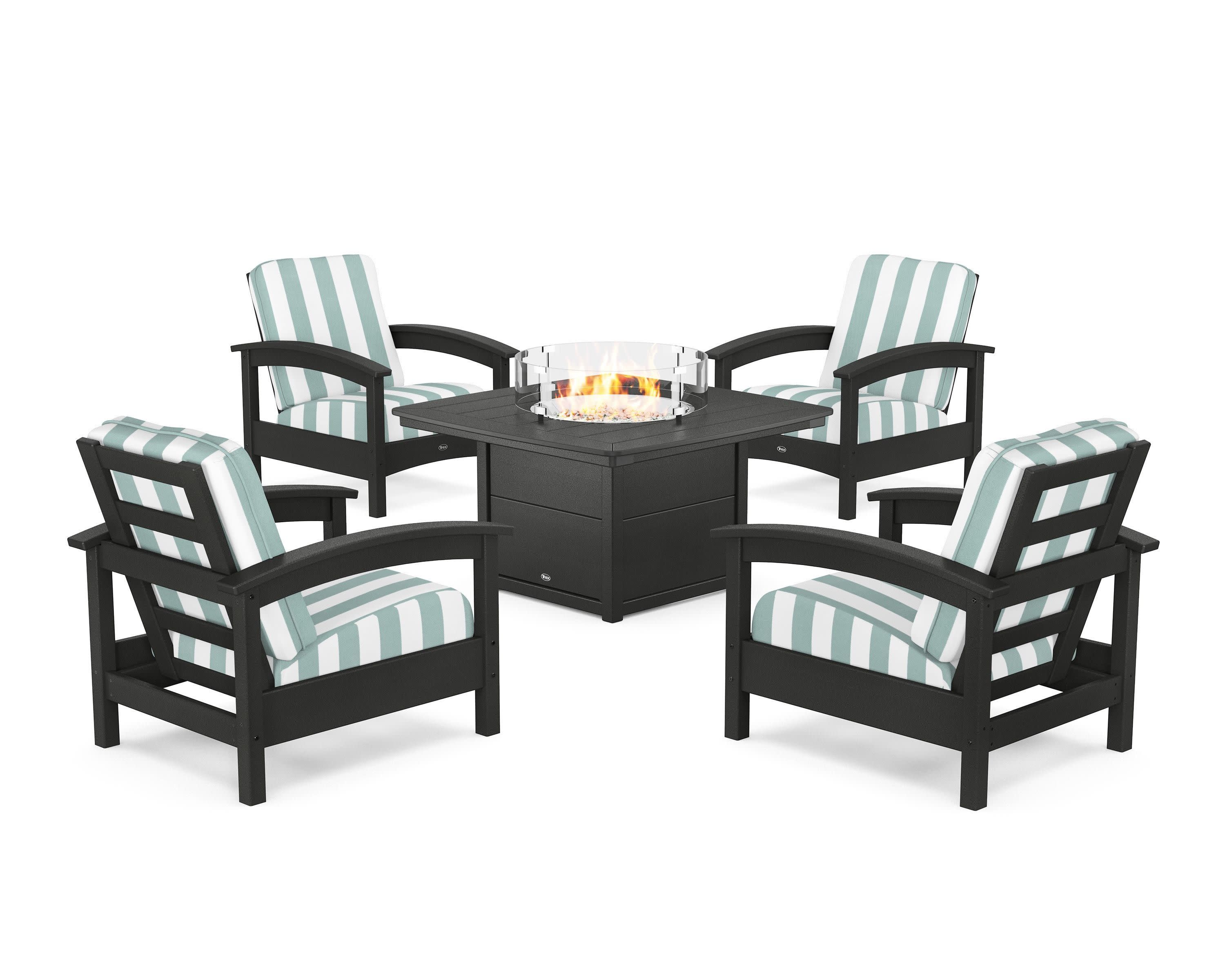 Rockport 5-Piece Deep Seating Set with Yacht Club Fire Pit Table in Charcoal Black / Cabana Stripe Glacier Spa