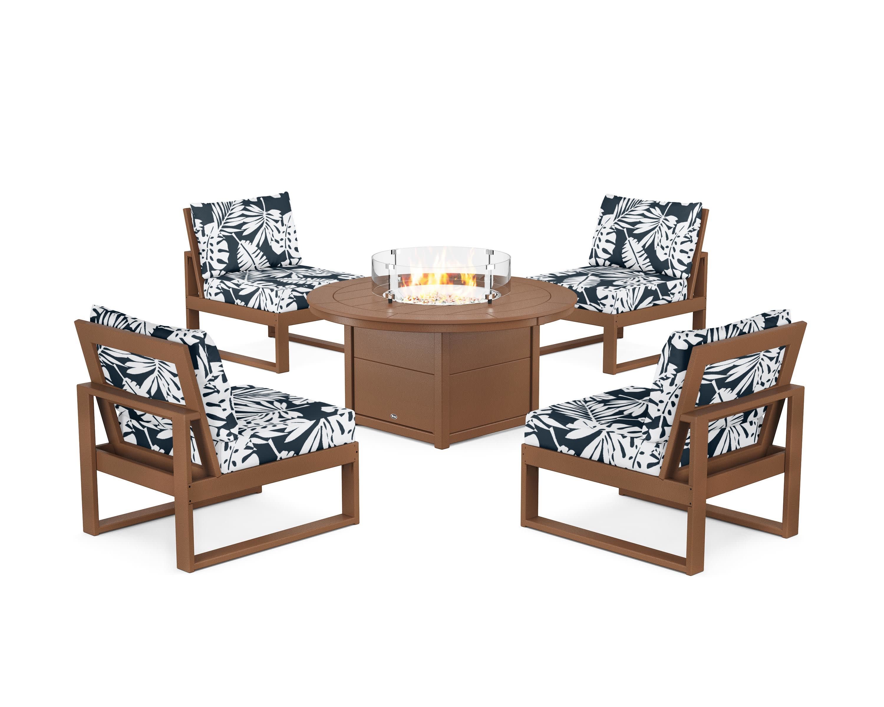 Eastport Modular 5-Piece Deep Seating Set with Round Fire Pit Table in Tree House / Leaf Marine Indigo