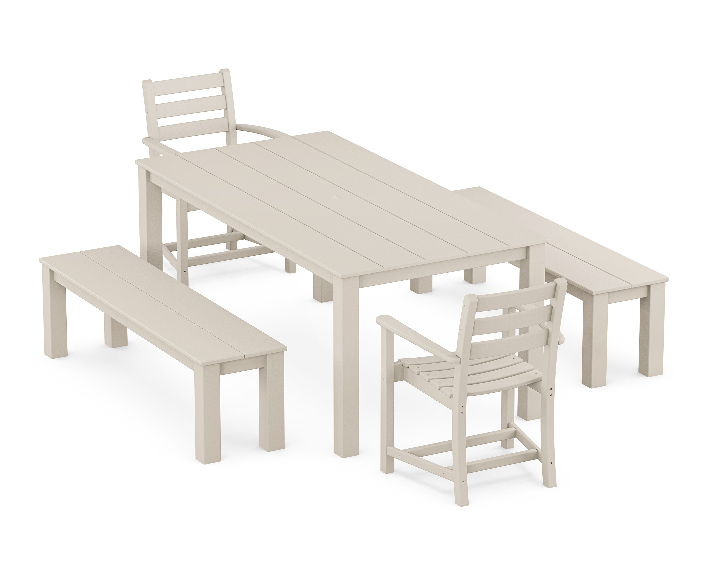 Monterey Bay 5-Piece Parsons Dining Set with Benches in Sand Castle