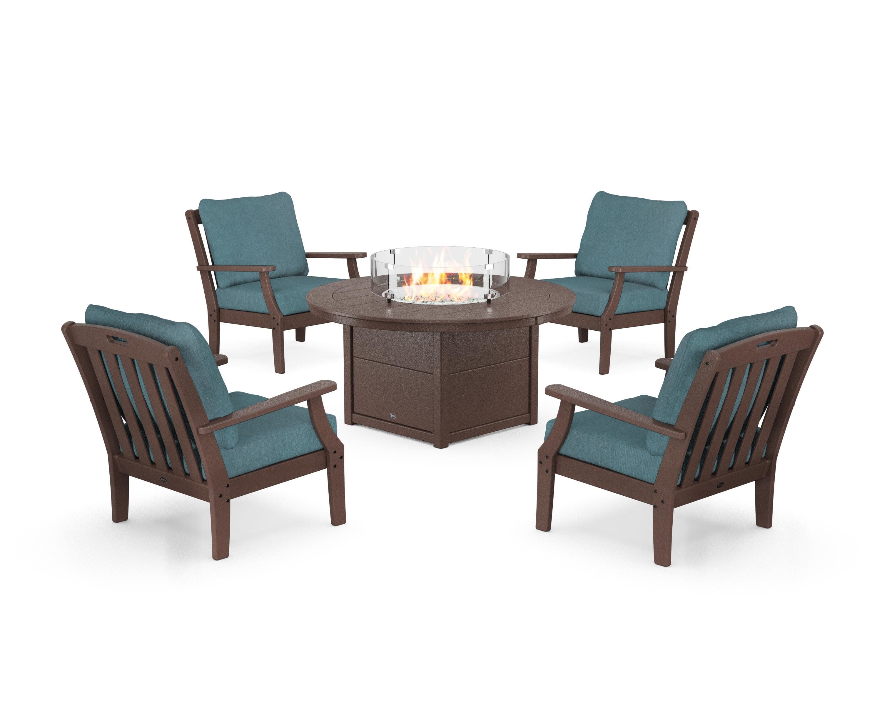 Yacht Club 5-Piece Deep Seating Set with Round Fire Pit Table in Vintage Lantern / Ocean Teal